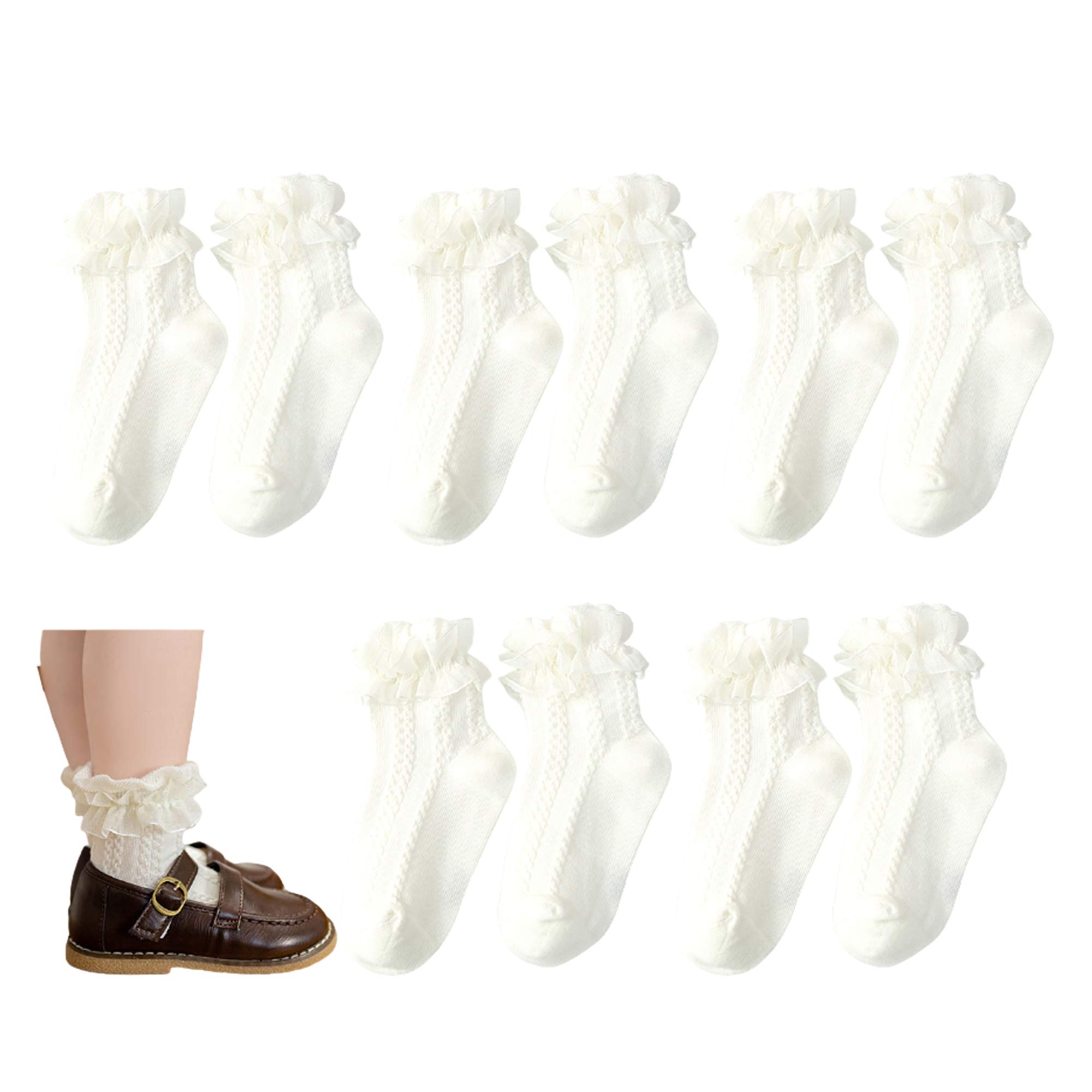 5 Pairs Baby Girls Ruffle Socks - Toddler Frilly Lace Cotton Dress Socks for Girls 0-24 Months | Perfect for Special Occasions, Photo Shoots & Everyday Wear