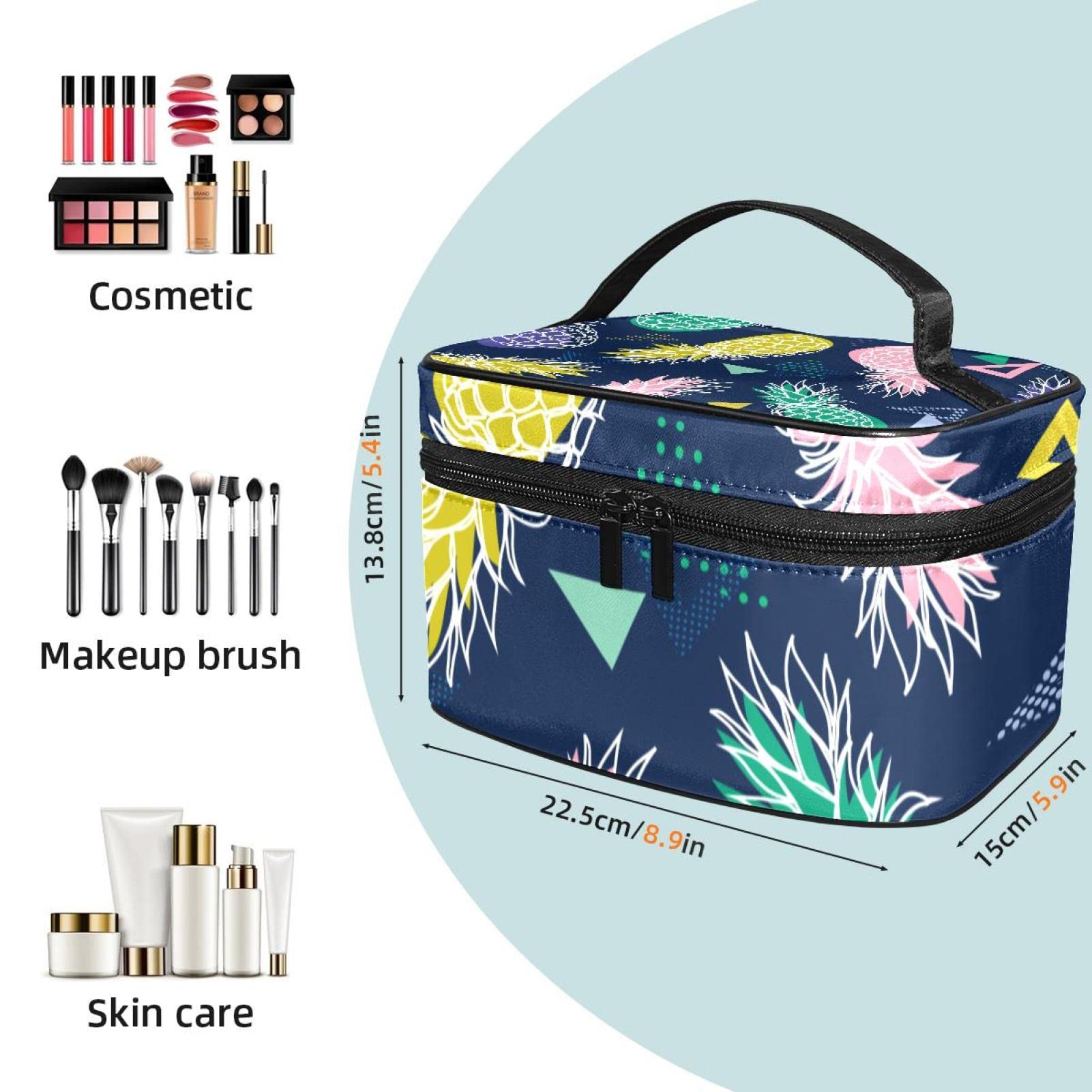 Portable Travel Makeup Organizer Bag for Women - Waterproof Cosmetic Case with Pineapple Navy Blue Design | Perfect for Toiletries, Makeup Storage & On-the-Go Beauty Essentials