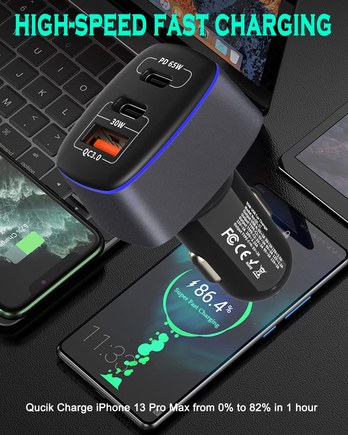 95W USB C Car Charger with 3 Ports - 65W PD, 55W PPS & 30W QC3.0 Fast Charging - Compatible with iPhone 14/13/12/11 Pro Max, Samsung Galaxy, Google Pixel, MacBook, Laptop, iPad - Includes Type-C Cable - Perfect for Road Trips, Commuting & Multi-Device Charging on the Go
