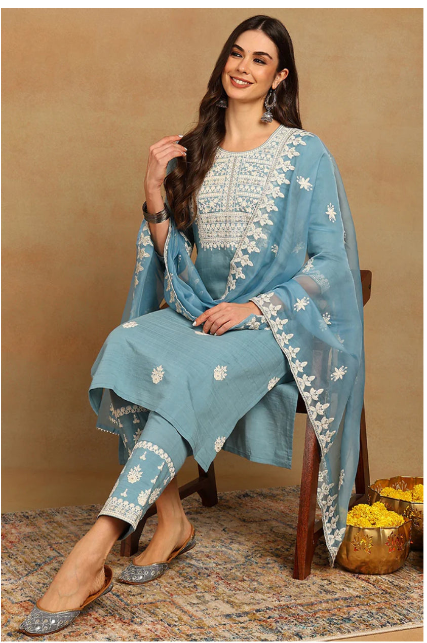 Elegant Blue Silk Blend Embroidered Kurta Set for Women | Traditional Indian Ethnic Wear | Perfect for Festivals, Weddings & Special Occasions
