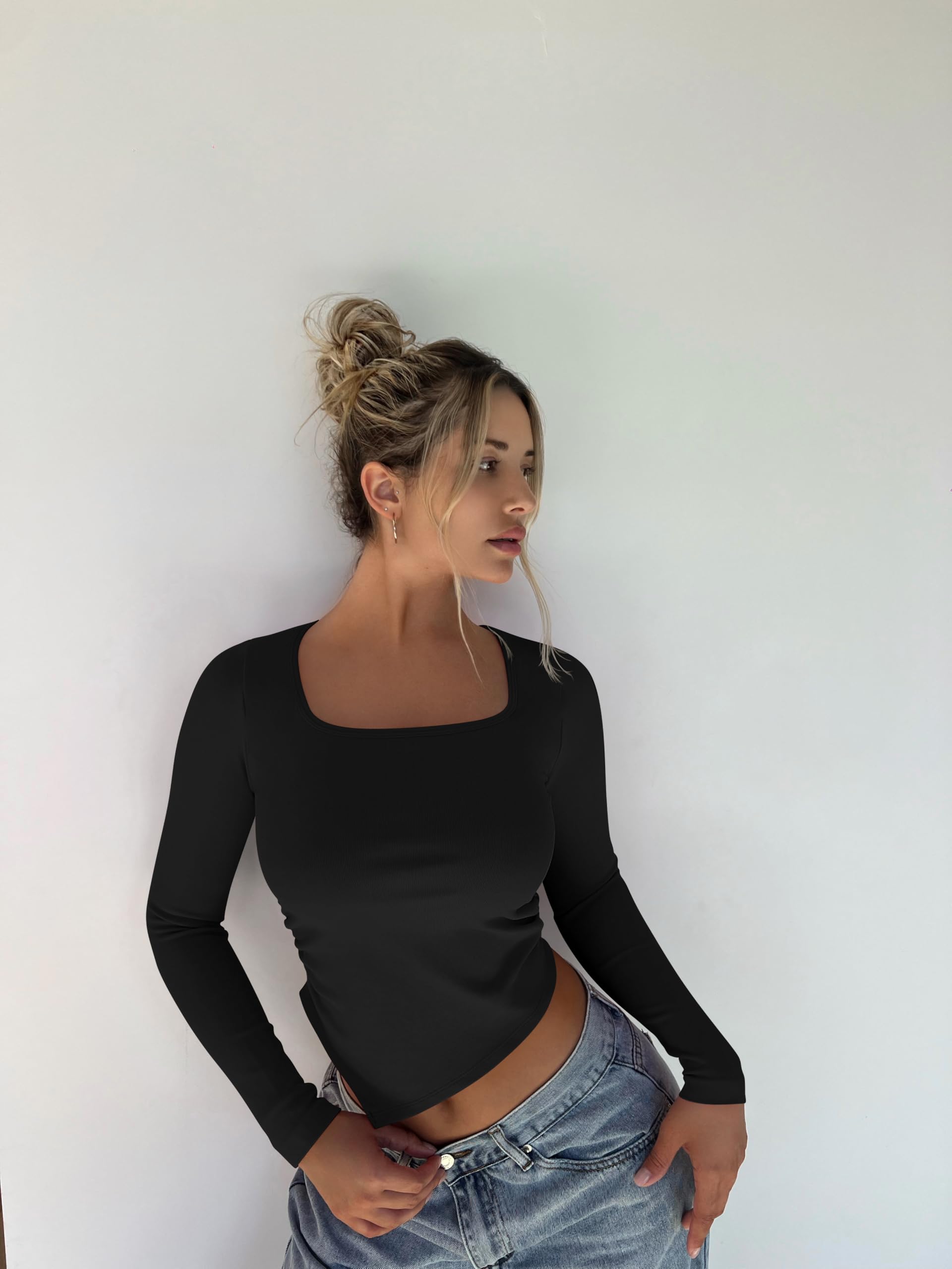 OQQ Women's 2-Piece Long Sleeve Square Neck Ruched Stretch Fitted Tee Shirt Set - Trendy Irregular Hem Tops for Casual Wear & Date Night Outfits