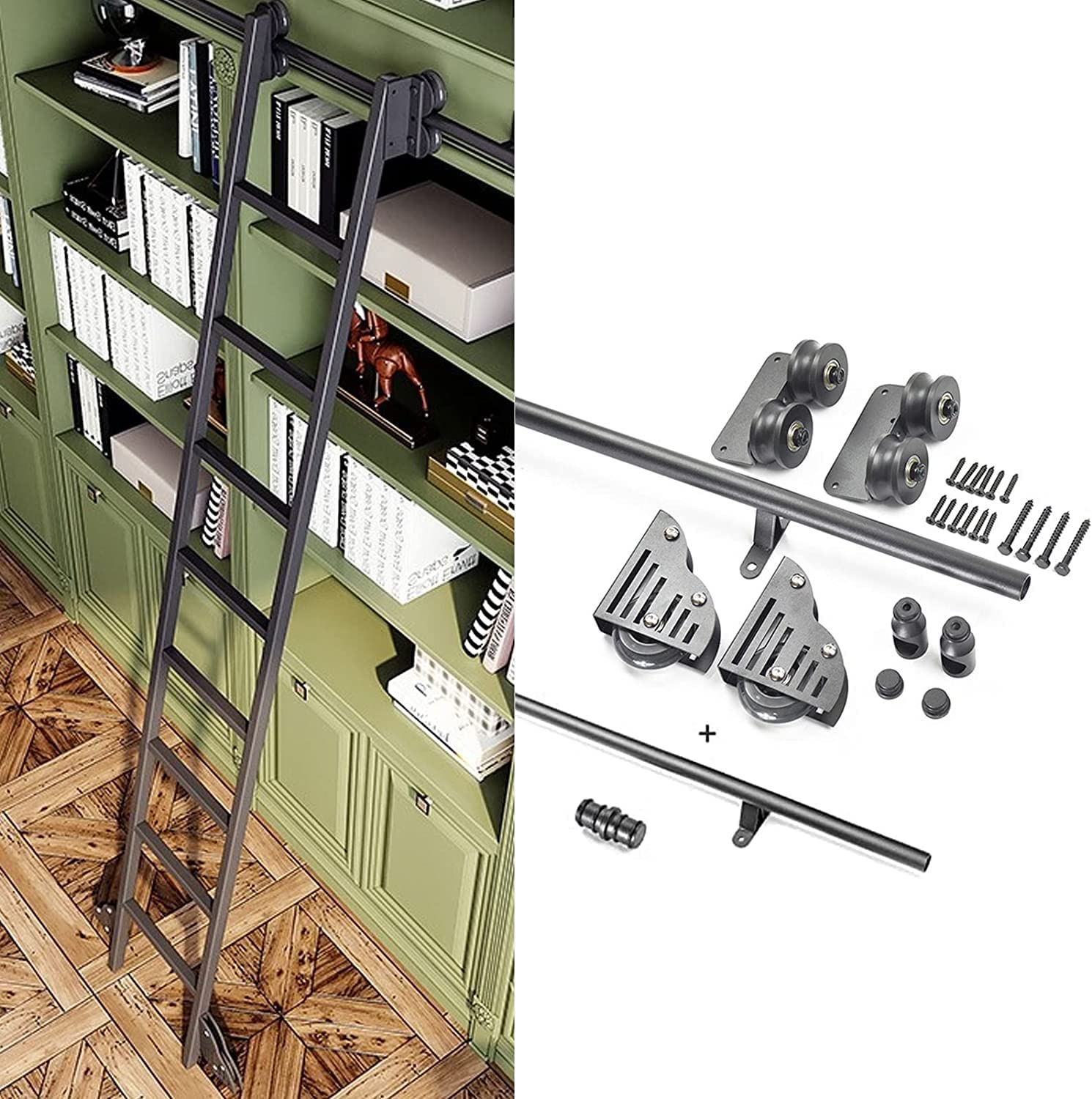 Black Steel Rolling Library Ladder Hardware Kit for Sliding Barn Doors - Includes Floor Roller, Round Tube Rail (No Ladder) - Perfect for Home Libraries, Loft Spaces & Sliding Door Installations