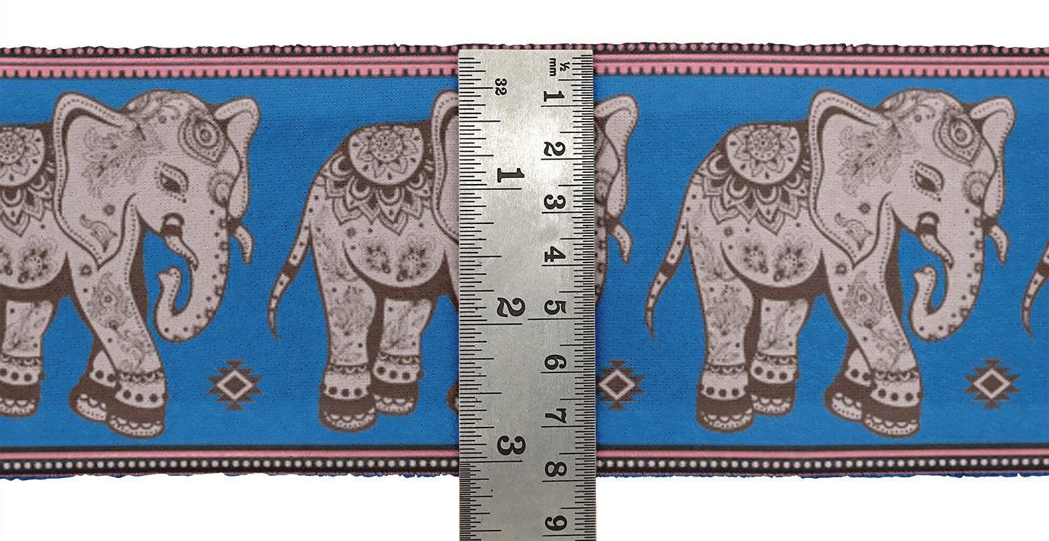Blue Tribal Elephant Printed Velvet Ribbon Trim - 9 Yards for Crafts, Sewing & DIY Accessories (4 Inches Wide) - Perfect for Home Decor, Gift Wrapping & Fashion Projects