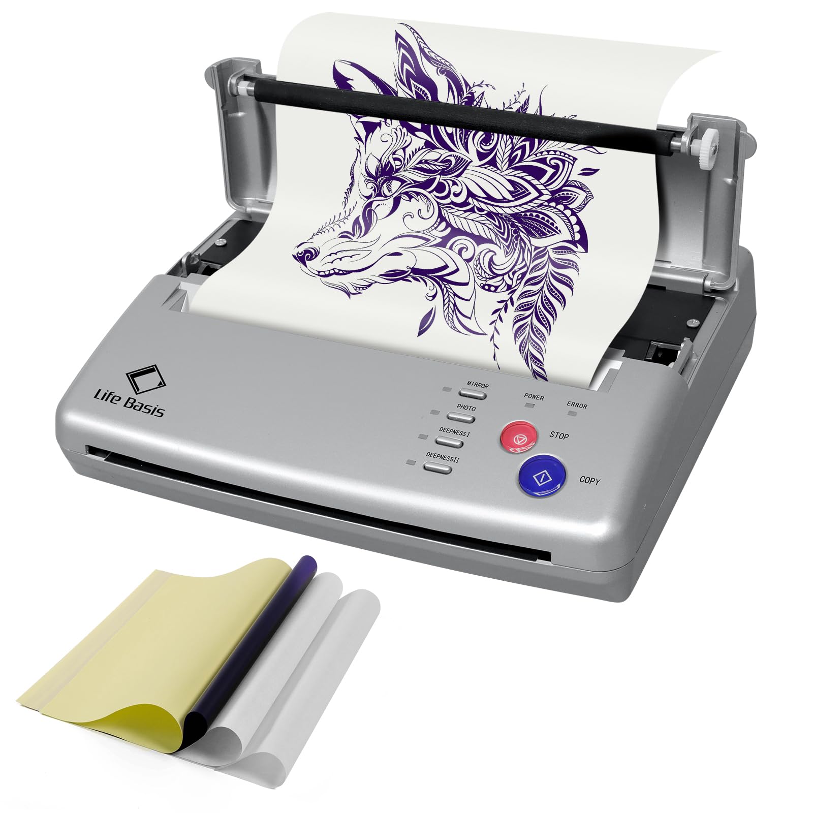 Professional Thermal Tattoo Stencil Printer Machine Kit - LifeBasis Tattoo Transfer Stencil Maker with 20 Sheets Transfer Paper for Tattoo Artists & Beginners - Perfect for Home Studios & Professional Tattoo Shops
