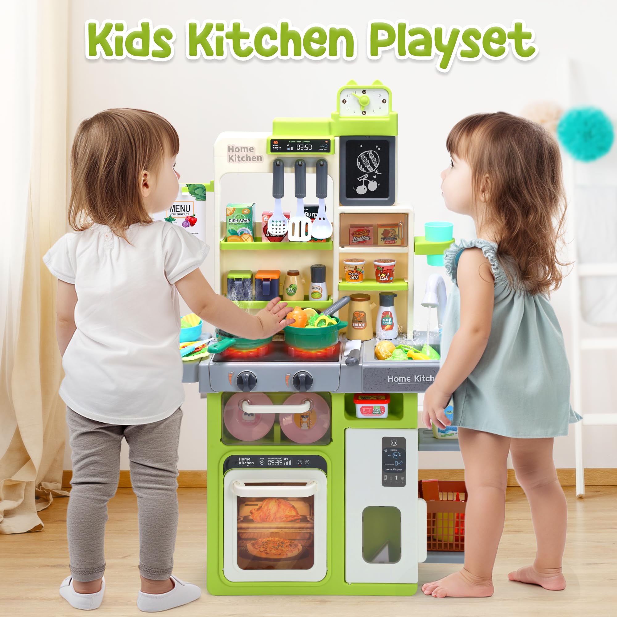 HOLYFUN Kids Kitchen Playset with Sounds, Lights, & Steam - Pretend Play Cooking Stove, Sink & Food - Green Toy Kitchen Set for Toddlers - Perfect for Home, Preschool & Playdates