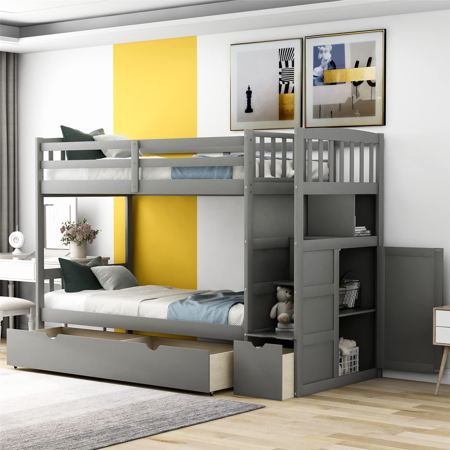 JINS&VICO Twin Over Twin/Full Bunk Bed with Convertible Bottom Bed, Storage Cabinet & 2 Drawers - Space-Saving Wooden Bunk Bed Frame with Staircase in Gray - Perfect for Kids' Bedrooms, Guest Rooms & Small Spaces