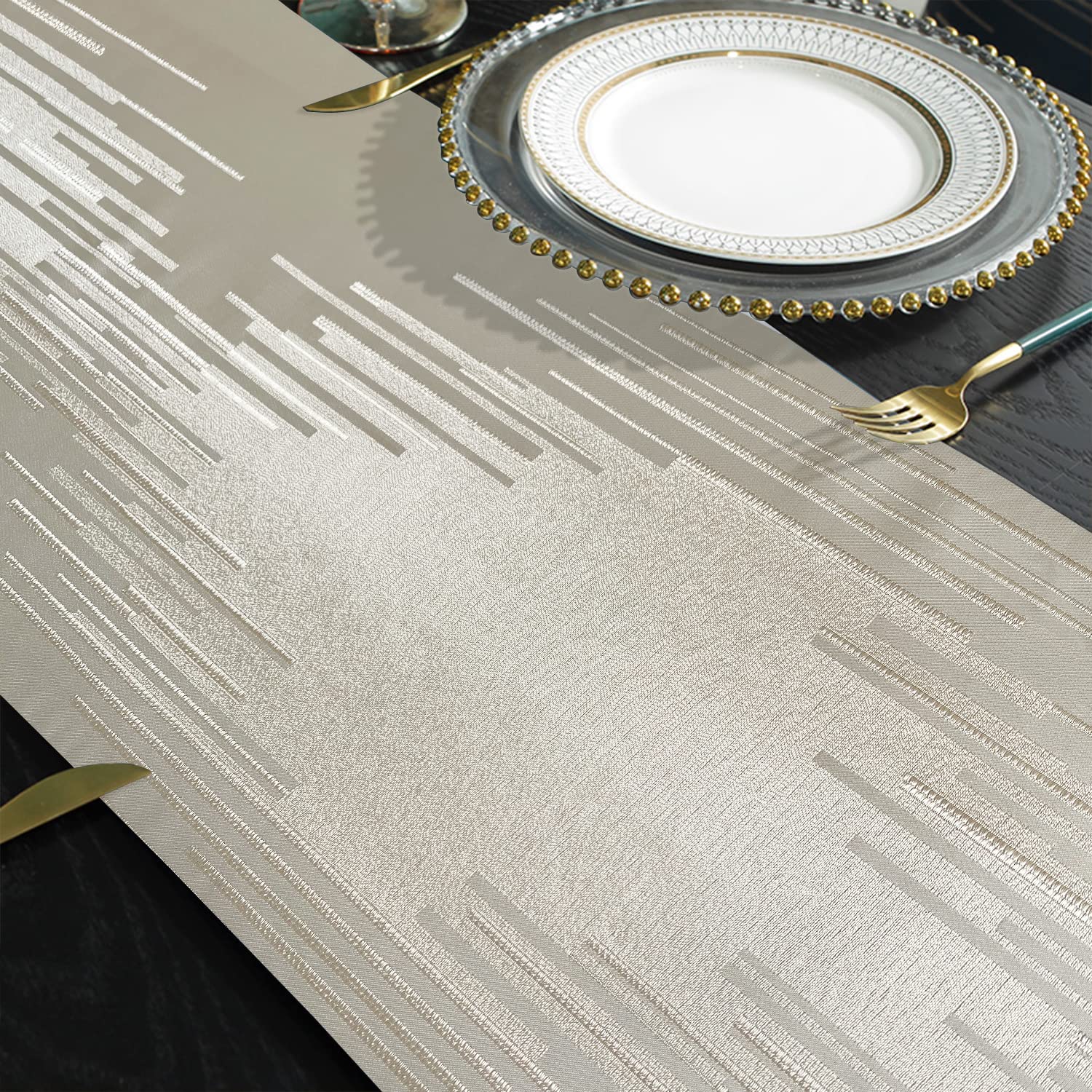 Jiino 72 Inch Beige Table Runner with Tassels - Modern Geometric Design for Coffee Tables, Dressers, Weddings & Holiday Parties - Elegant Home Decor for Dining Rooms, Events & Seasonal Celebrations