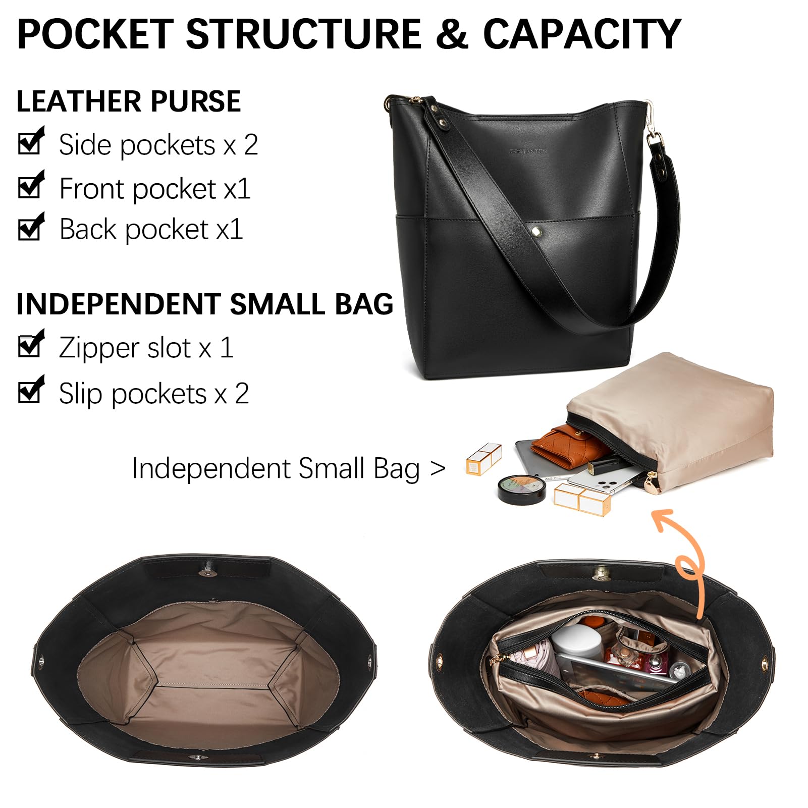 BOSTANTEN Women's Genuine Leather Designer Handbags - Stylish Tote Purse & Shoulder Bucket Bag for Work, Travel & Everyday Use | Fashionable Women's Accessories