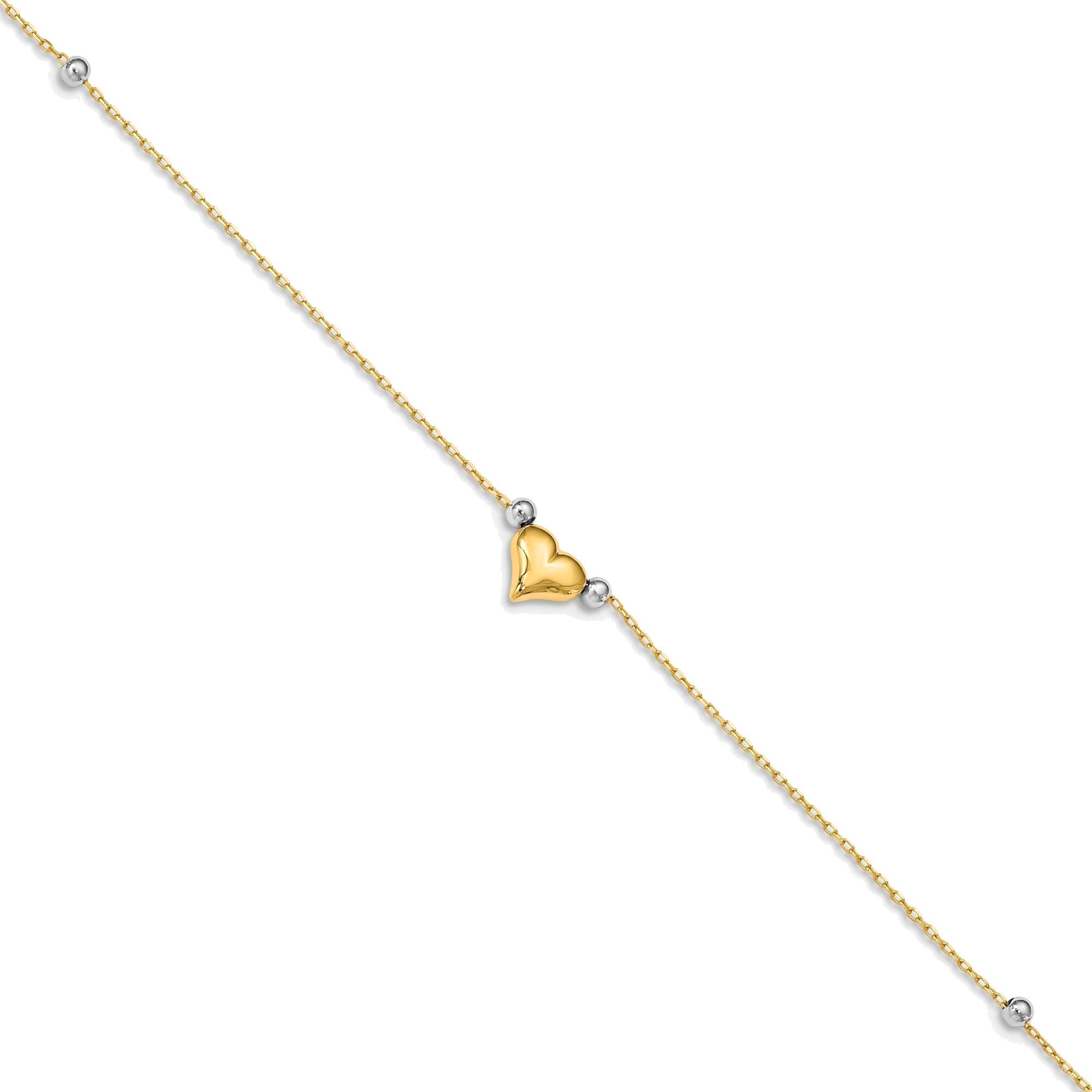 14K Yellow & White Gold Two-Tone Puffed Heart Beaded Anklet - 10 Inch Dainty Ankle Bracelet for Women | Perfect for Beach, Wedding & Everyday Wear