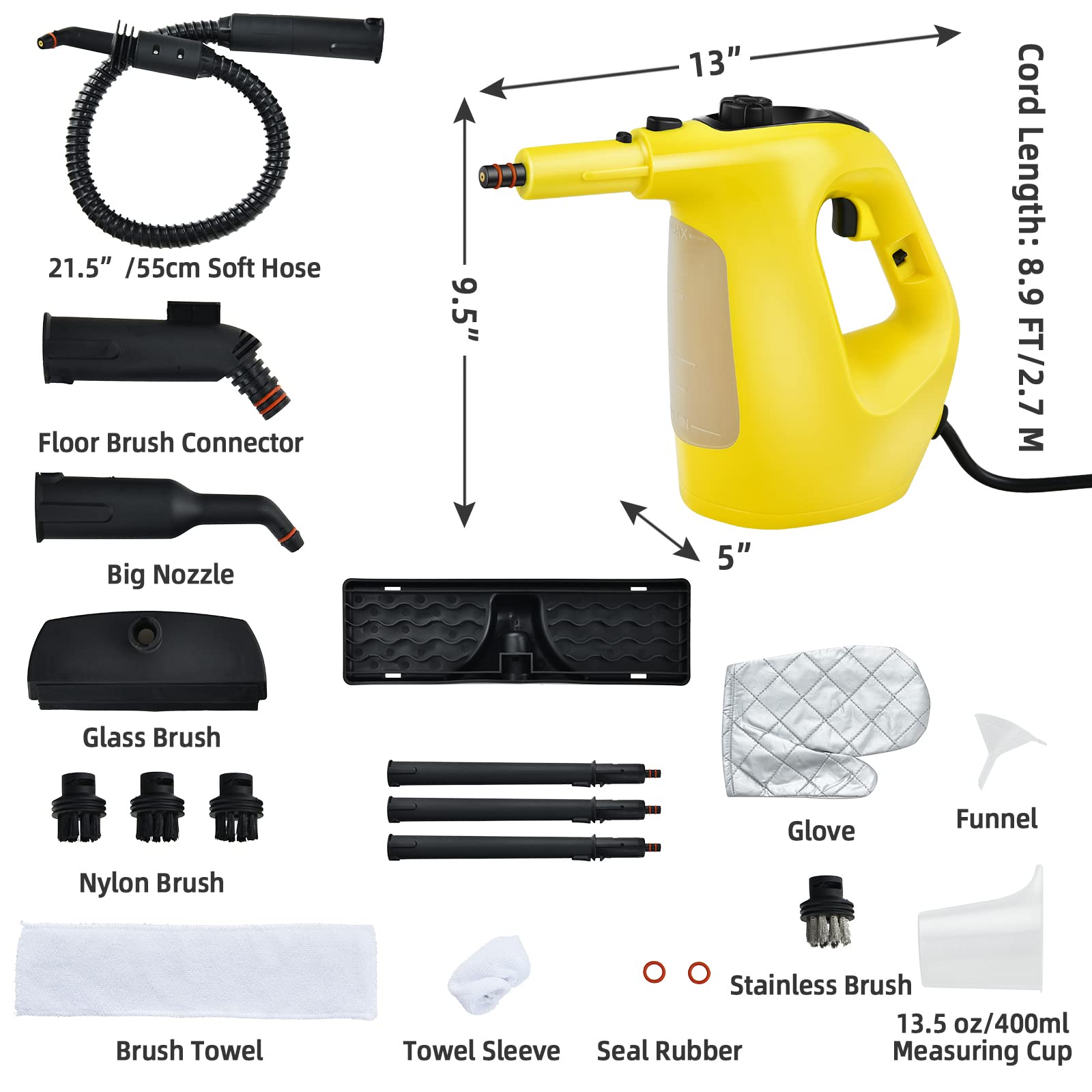 GOFLAME 1400W Handheld Steam Cleaner with 17-Piece Accessory Kit - Portable Pressurized Steamer for Home, Car, Floors, Carpets & Windows (350ml, Yellow) | Ideal for Deep Cleaning, Sanitizing & Removing Stubborn Stains