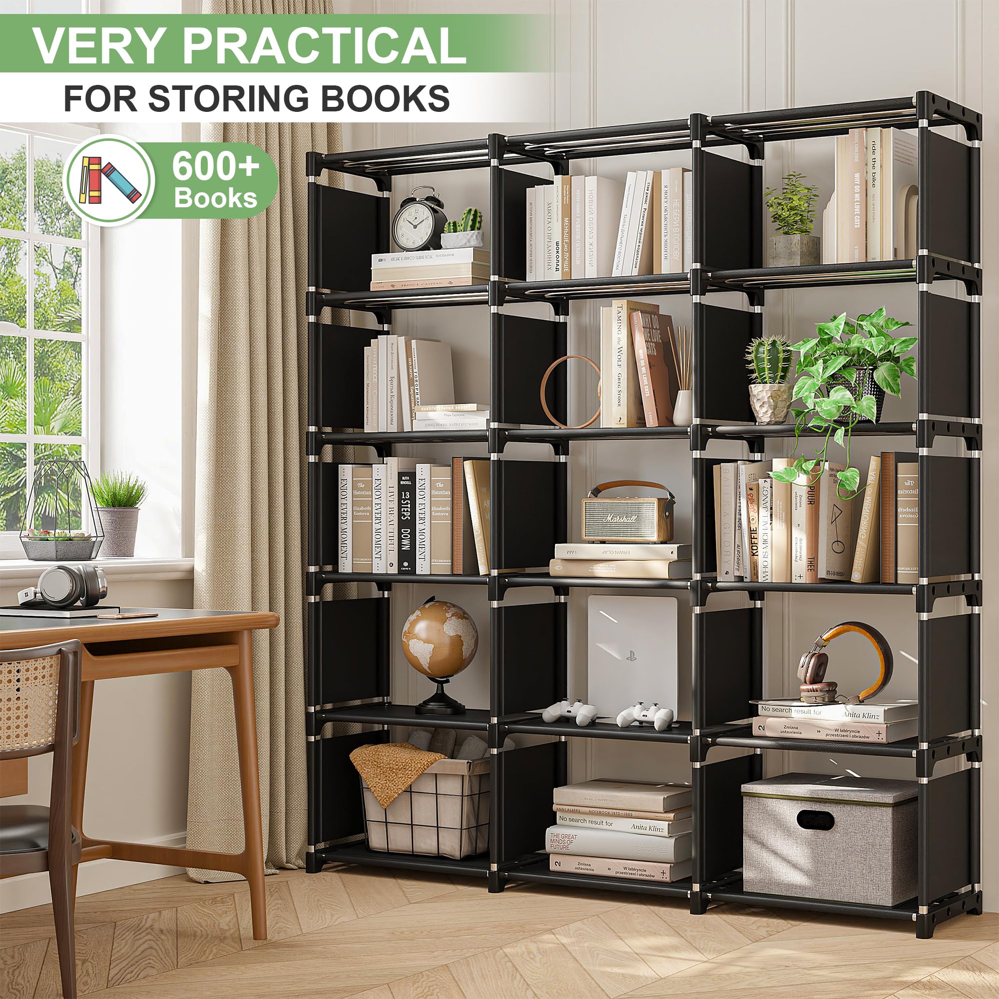 REIBII 5-Tier Bookshelf - Tall Bookcase with Storage Cubes, Black Book Shelf Organizer for Bedroom, Living Room, Office & Closet - Perfect for Storing Books, Decor, Toys & DIY Supplies