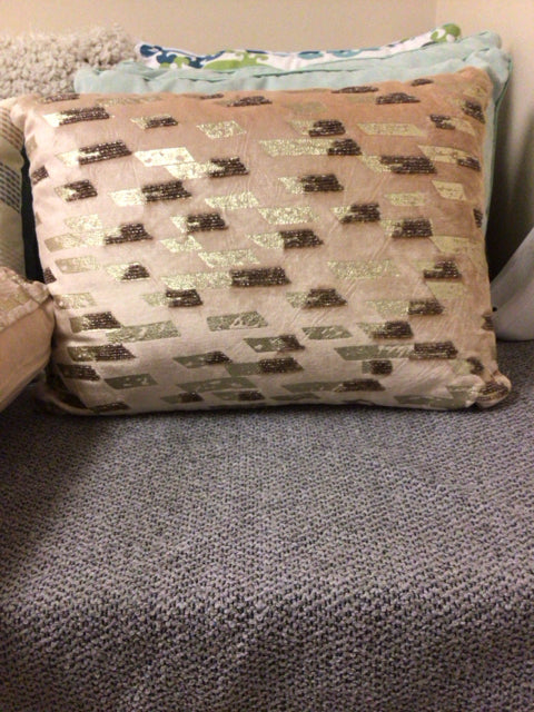 Pier 1 Taupe & Gold Beaded Accent Lumbar Pillow - Decorative Throw Pillow for Sofa, Bed & Home Decor - Boho Chic Living Room & Bedroom Accessory