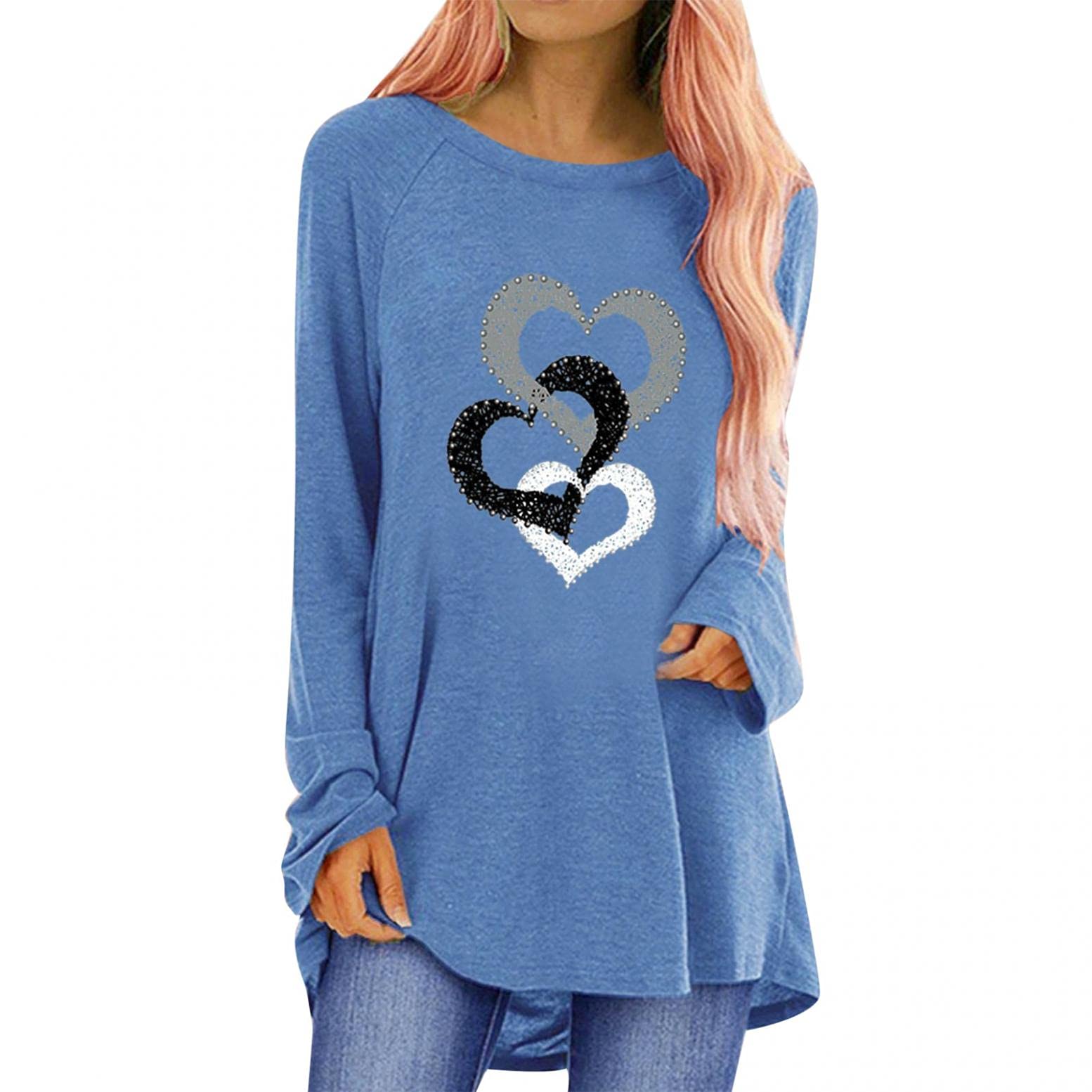 Women's Long Sleeve Crewneck Sweatshirt - Double Heart Print Tunic Top for Leggings | Casual Blouse & Comfortable Shirt for Fall, Winter & Layering Outfits