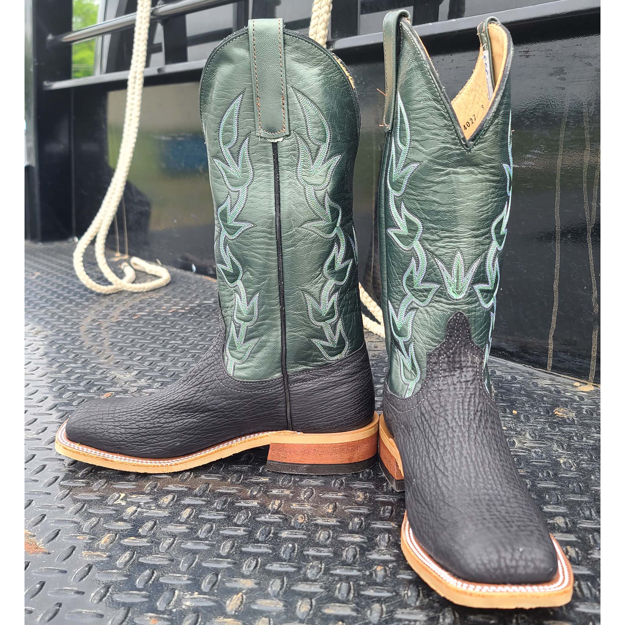 Anderson Bean Men's Black & Green Oiled Shark Leather Cowboy Boots - Durable Western Boots for Riding, Work & Country Style Fashion