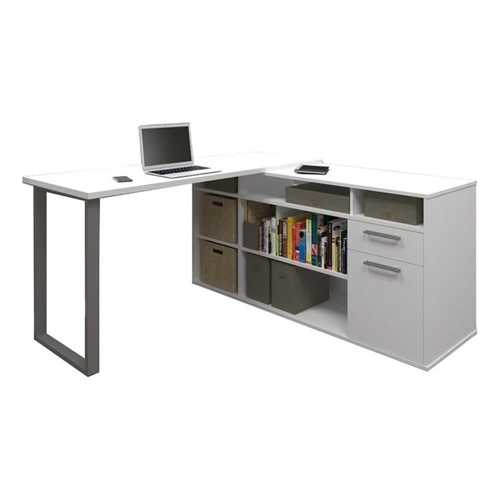 White L-Shaped Office Desk with Drawers - Modern Wooden Writing & Computer Workstation for Home Office, Study Room, or Small Space