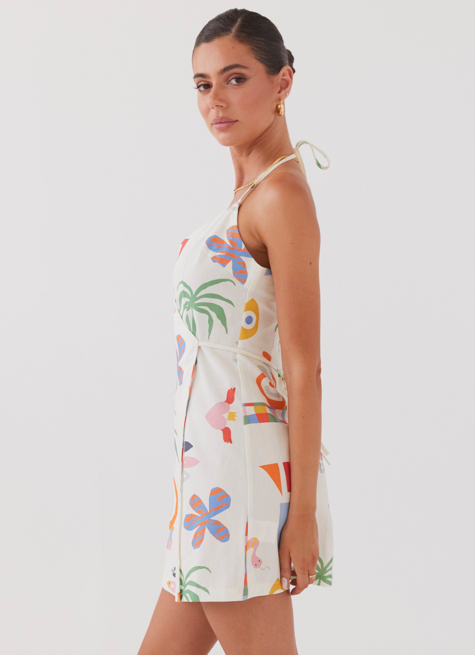 At Last Sunrise Wrap Linen Mini Dress - Summer Palm Print Flowy Beach Dress for Women | Perfect for Vacation, Pool Party & Tropical Getaways