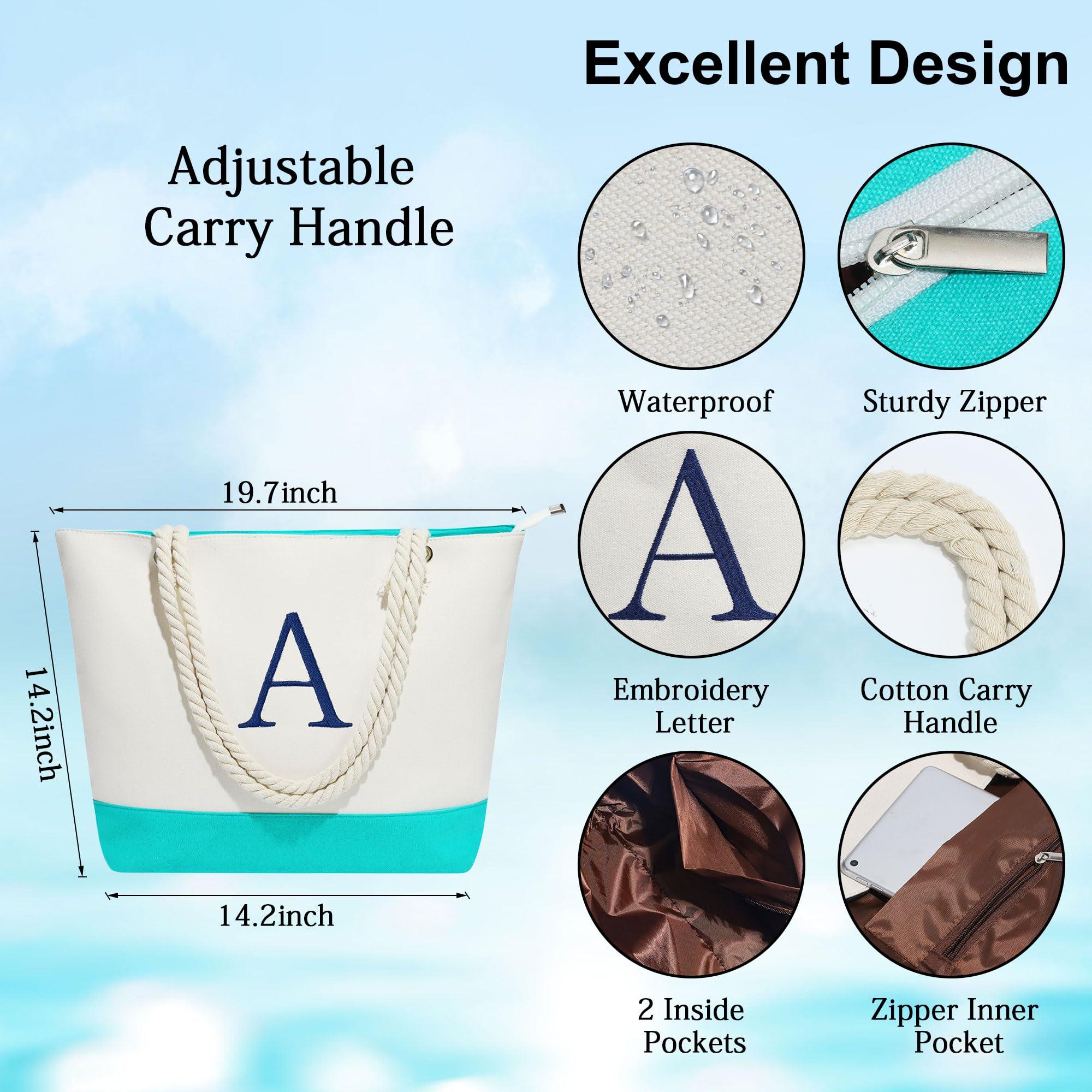 Personalized Initial Canvas Beach Tote Bag & Makeup Pouch Set - Monogrammed Gifts for Women, Best Friend Birthday Present - Perfect for Vacation, Pool Day & Travel Accessories