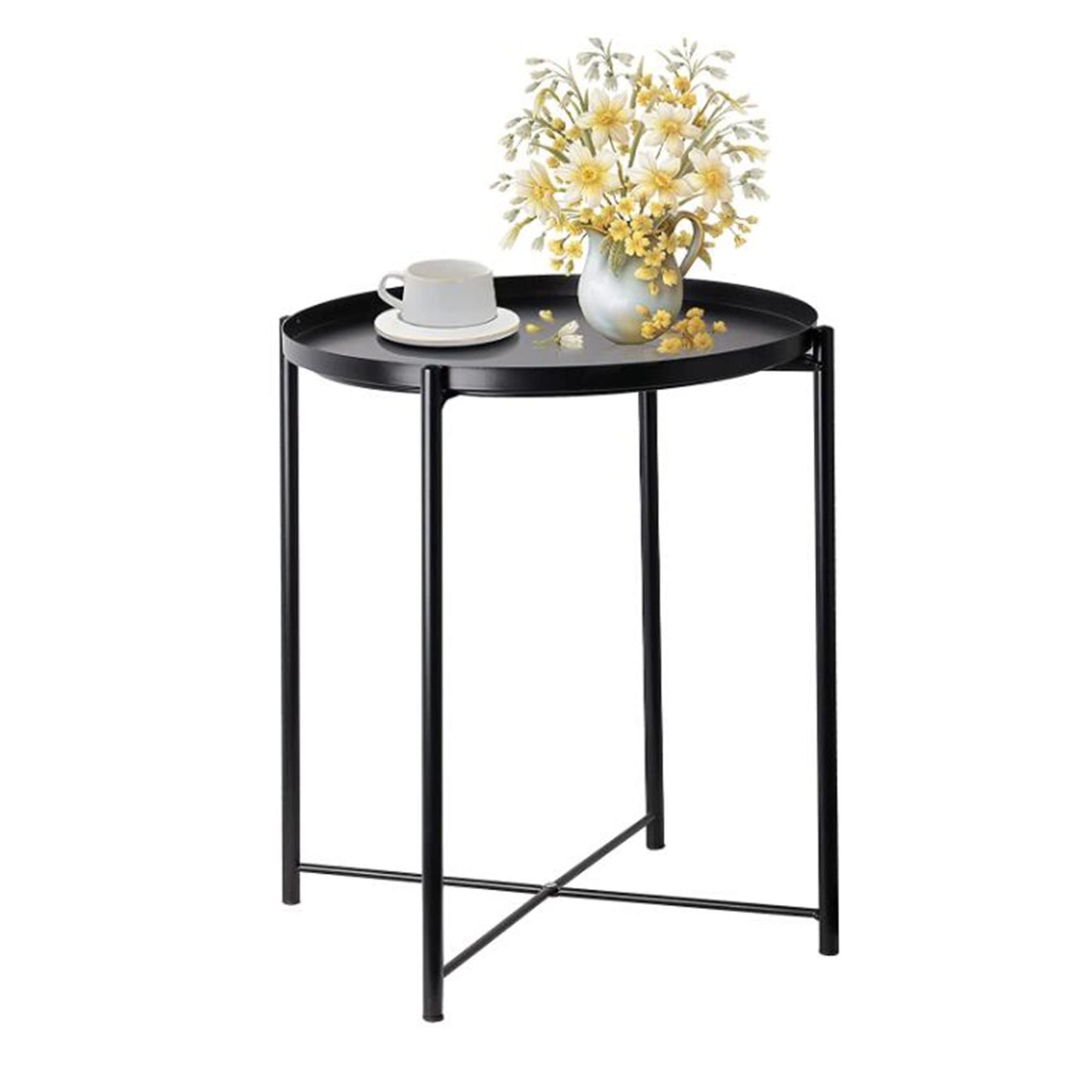 Round Metal Side Table - Waterproof Accent Table with Removable Tray for Indoor & Outdoor Use | Perfect for Living Room, Bedroom, Balcony, Office (Black)