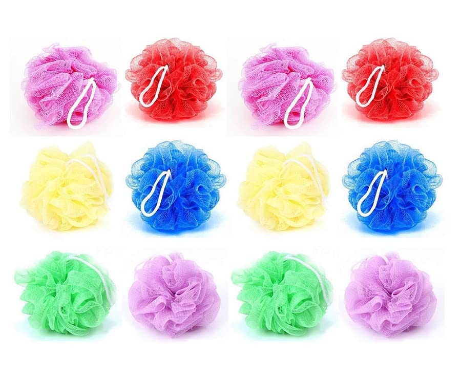 12-Piece Multicolor Round Shower Puffs with Hanging Rope - Exfoliating Bath Sponges for Gentle Skin Cleansing | Perfect for Spa Day, Daily Shower & Gift Sets