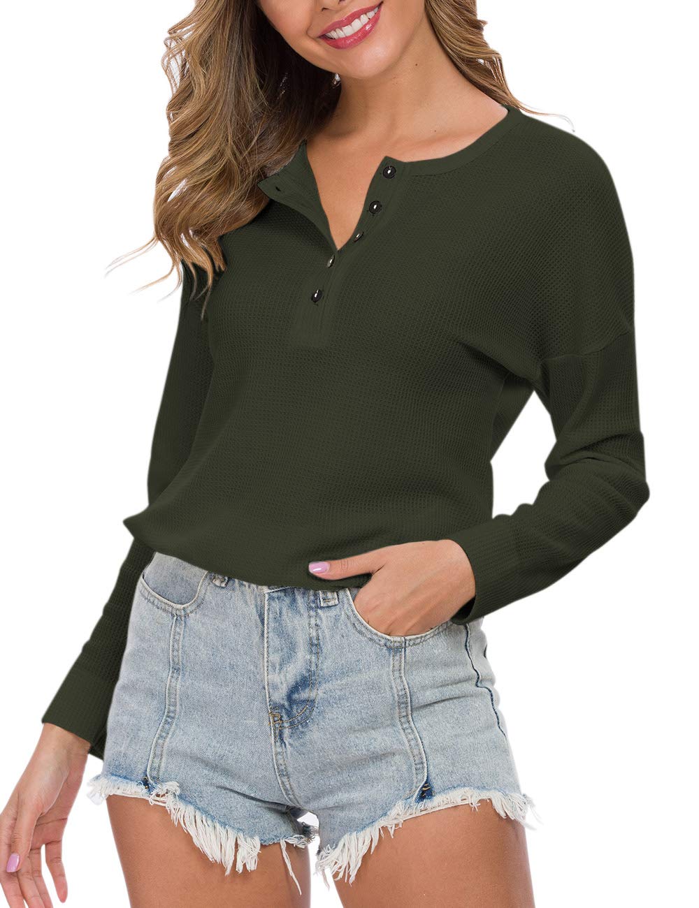 WNEEDU Women's Waffle Knit Tunic Top - Loose Long Sleeve Button Up V-Neck Henley Shirt for Casual Wear, Layering & Fall Outfits | Plus Size Options Available