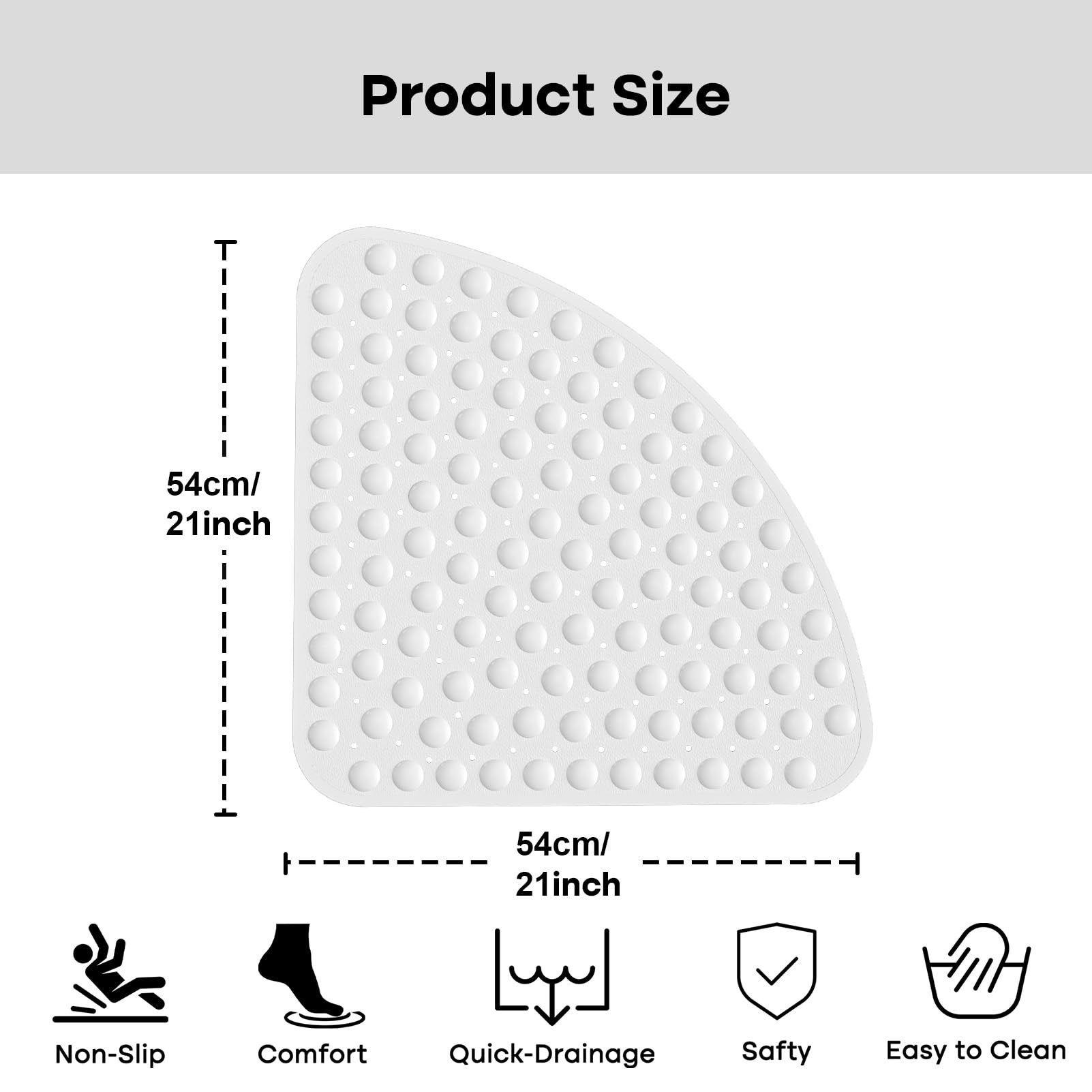 Non-Slip Corner Shower Mat 21x21 Inches with Suction Cups - Machine Washable Triangle Bath Mat for Shower Stall, Bathroom Safety - Perfect for Elderly & Kids in Wet Areas (White)