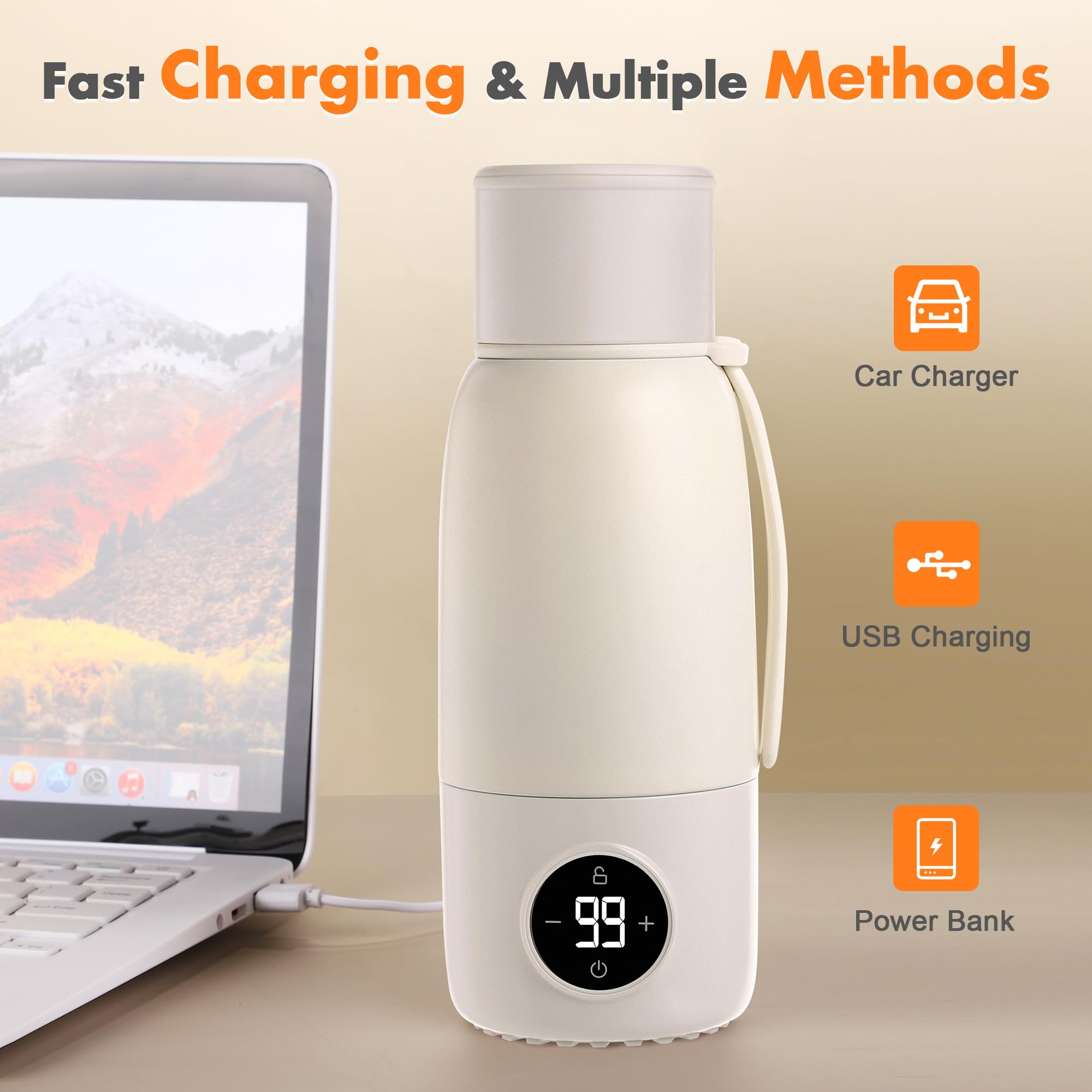 Portable Baby Bottle Warmer - 17Oz Fast Heating Milk Warmer for Breastmilk, Formula & Water | Adjustable Temperature & 20H Keep Warm | Perfect for Night Feeding, Travel, Car & On-the-Go Parents