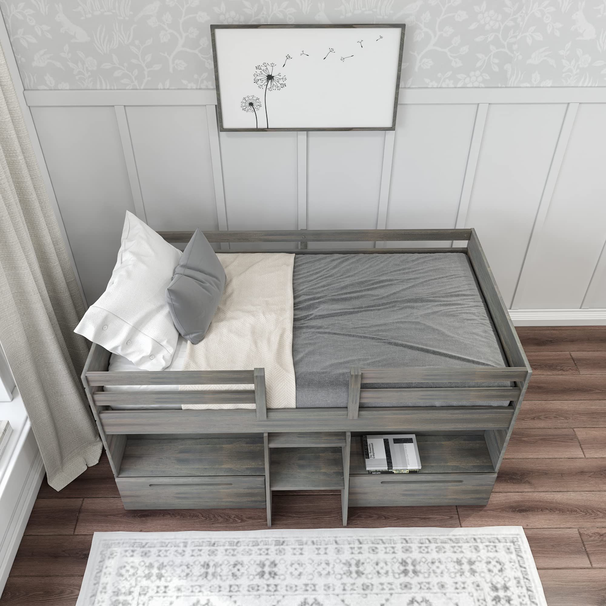 Modern Farmhouse Low Loft Bed with 2 Drawers - Twin Size, Solid Wood Frame in Driftwood Finish | Space-Saving Kids Bedroom Furniture for Small Rooms & Dorm Decor