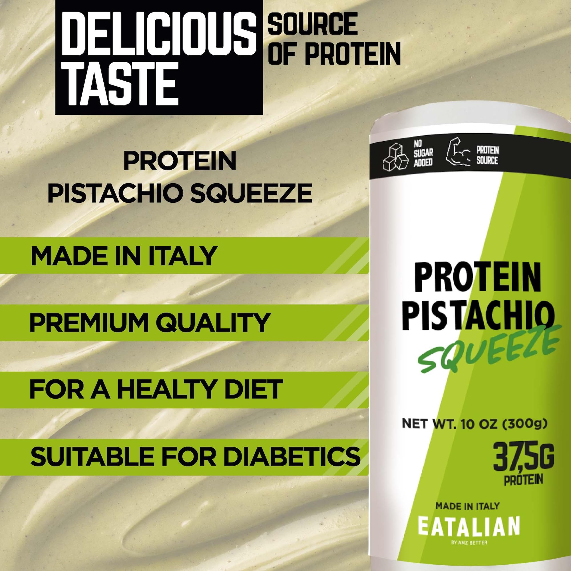 EATALIAN by AMZ BETTER Protein Pistachio Topping - Sweet Protein Cream in 10oz/300g Squeeze Bottle - Made in Italy - Perfect for Ice Cream, Cakes, Desserts & Coffee Toppings - Vegan & Gluten-Free