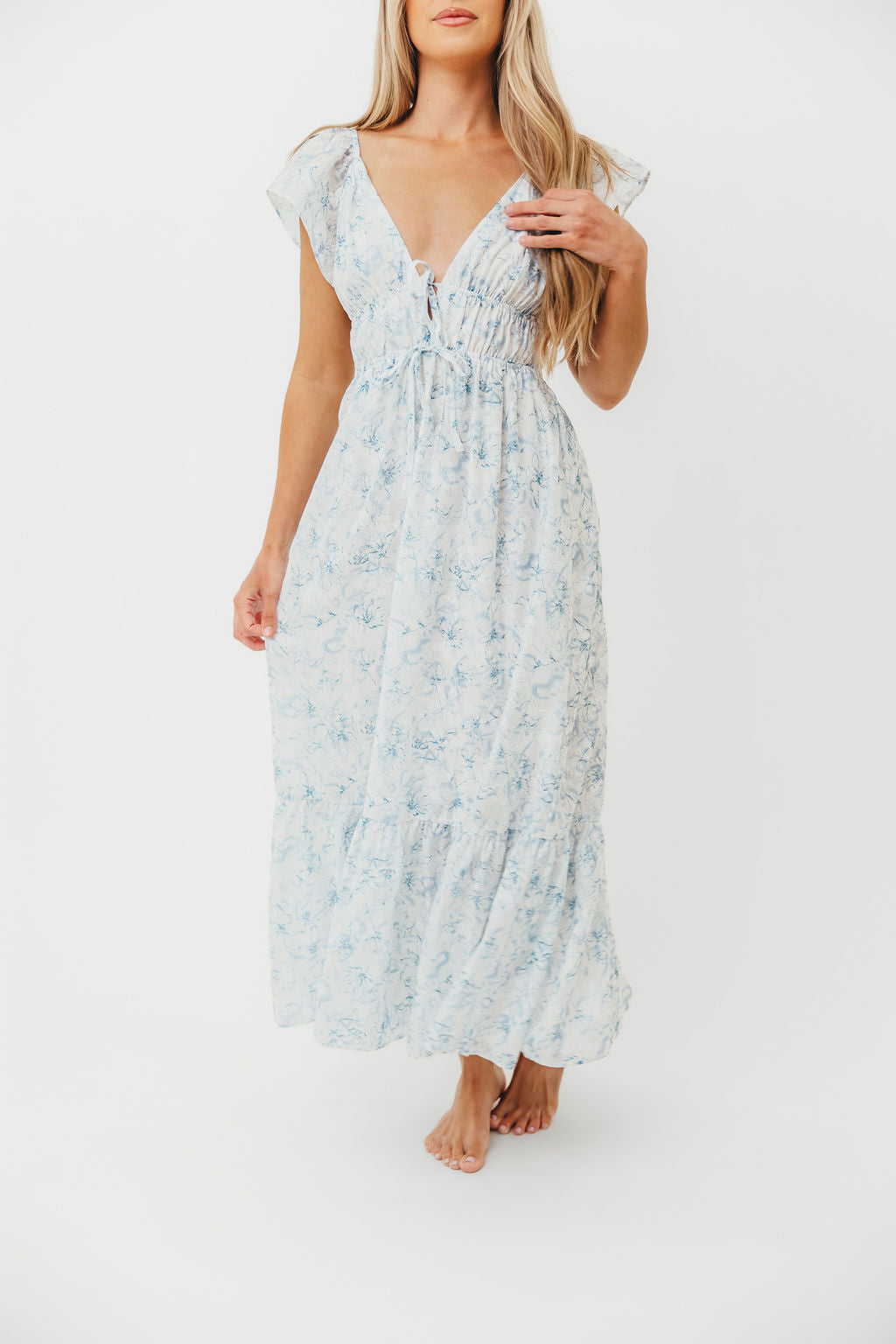 Alix Maxi Dress - White & Blue Floral Print Summer Dress for Women | Beach Wedding, Vacation & Casual Outfit
