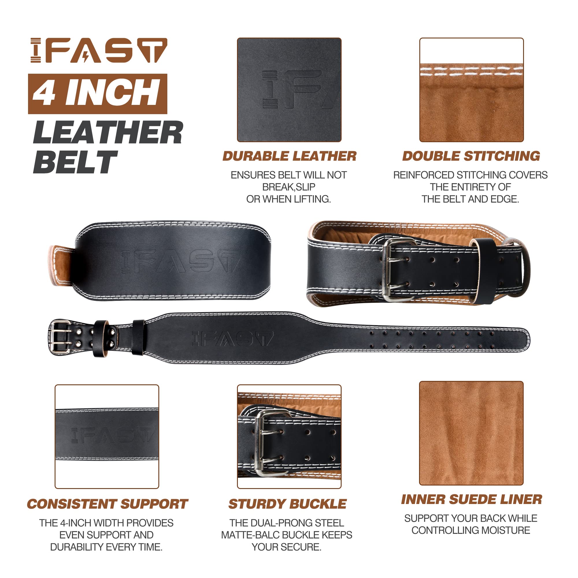 iFAST Premium Leather Weight Lifting Belt for Men & Women - 4 Inch Padded Lumbar Support for Deadlifts, Squats, Powerlifting & CrossFit Training - Ideal for Gym Workouts & Strength Training