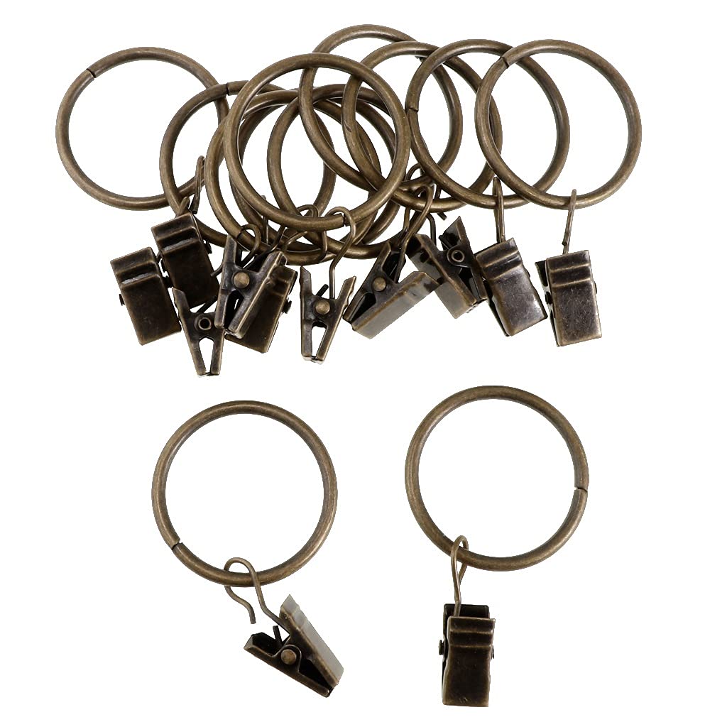 GANFANREN 12 Pack Vintage Bronze Curtain Rings with Clips - 25mm Strong Metal Drapery Hooks for Durable Curtain Hanging - Perfect for Living Room, Bedroom, or Window Decor
