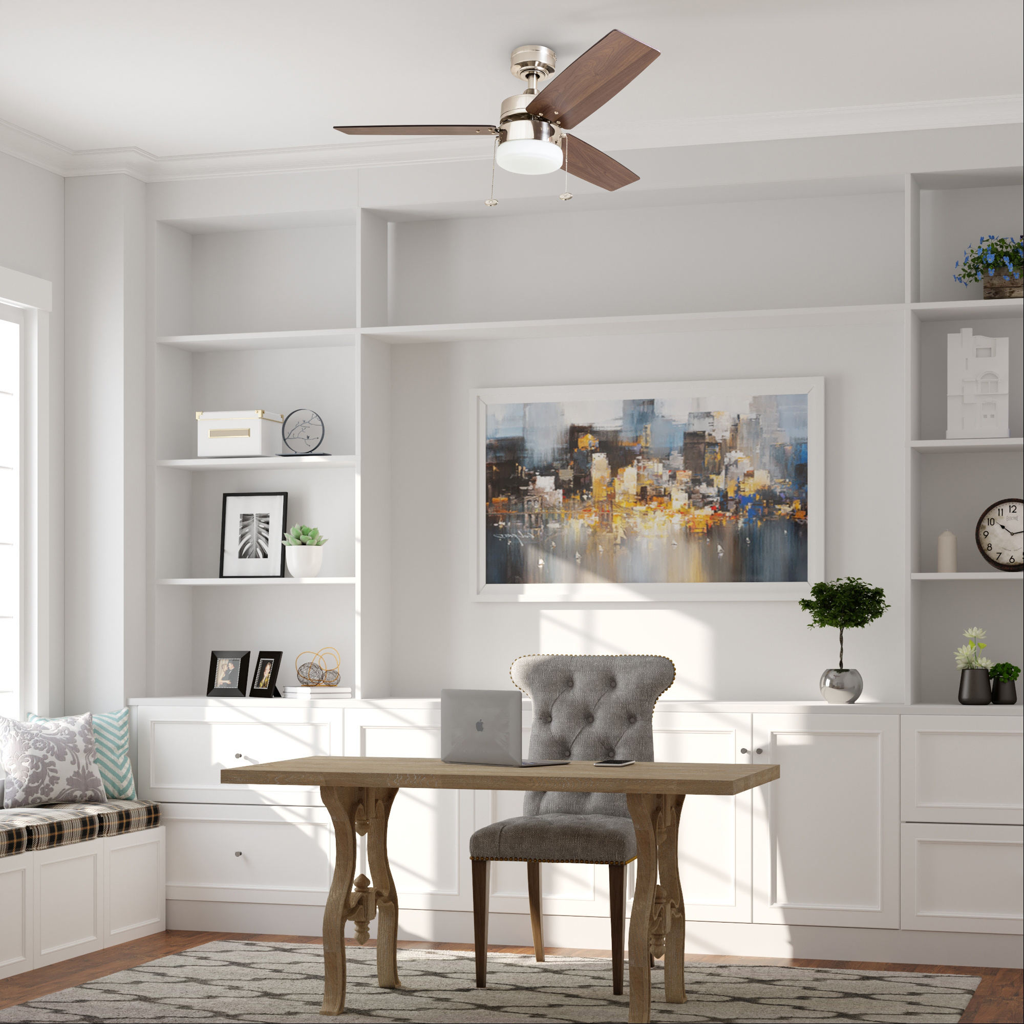 42 Inch Reston Brushed Nickel Ceiling Fan with Pull Chain - Energy Efficient Indoor Cooling for Living Room, Bedroom, and Office