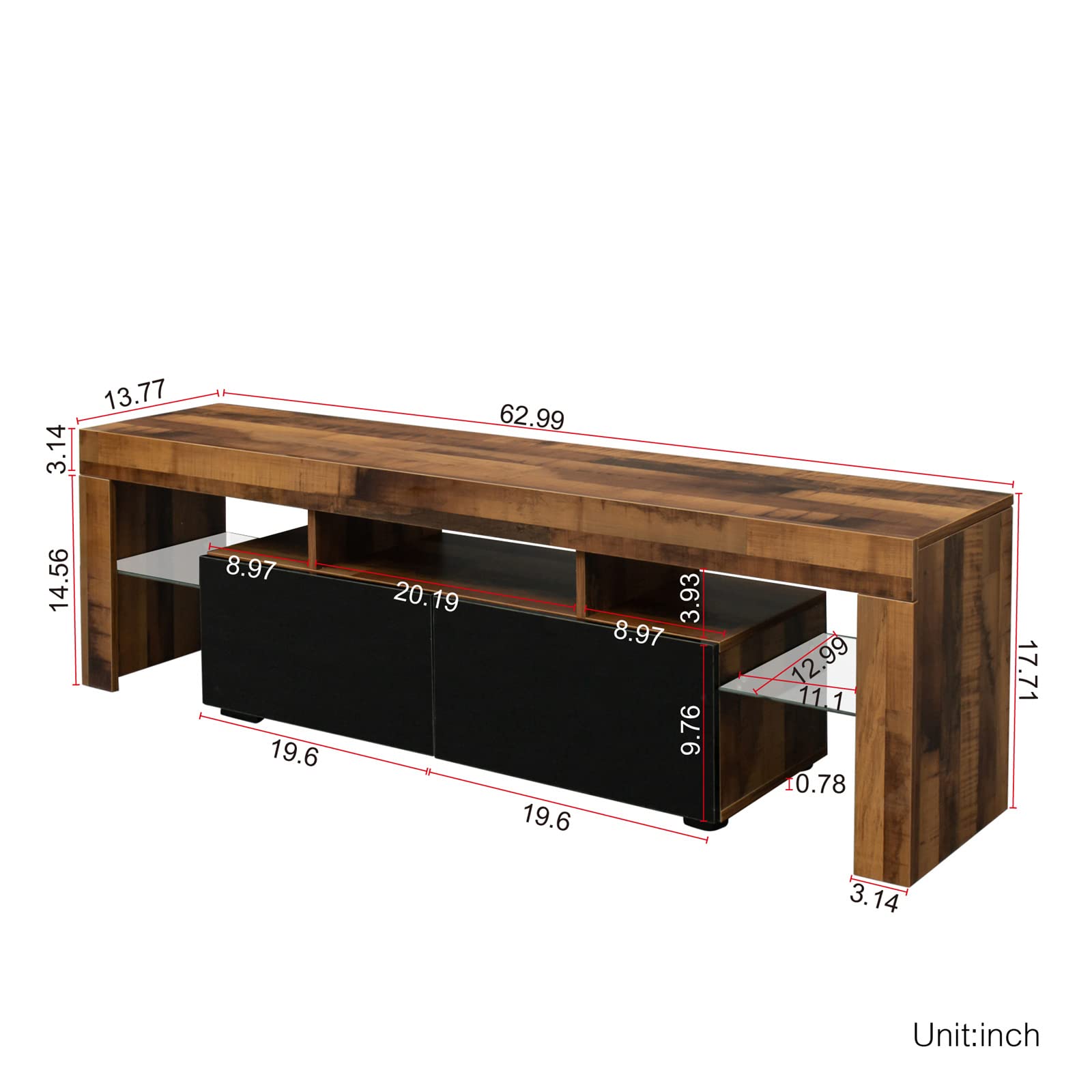 Modern TV Stand with LED Lights - 16 Color Modes, 2 Drawers & 2 Glass Shelves - Wooden Entertainment Center Media Console for Living Room (Brown) - Perfect for Home Theater & Family Entertainment