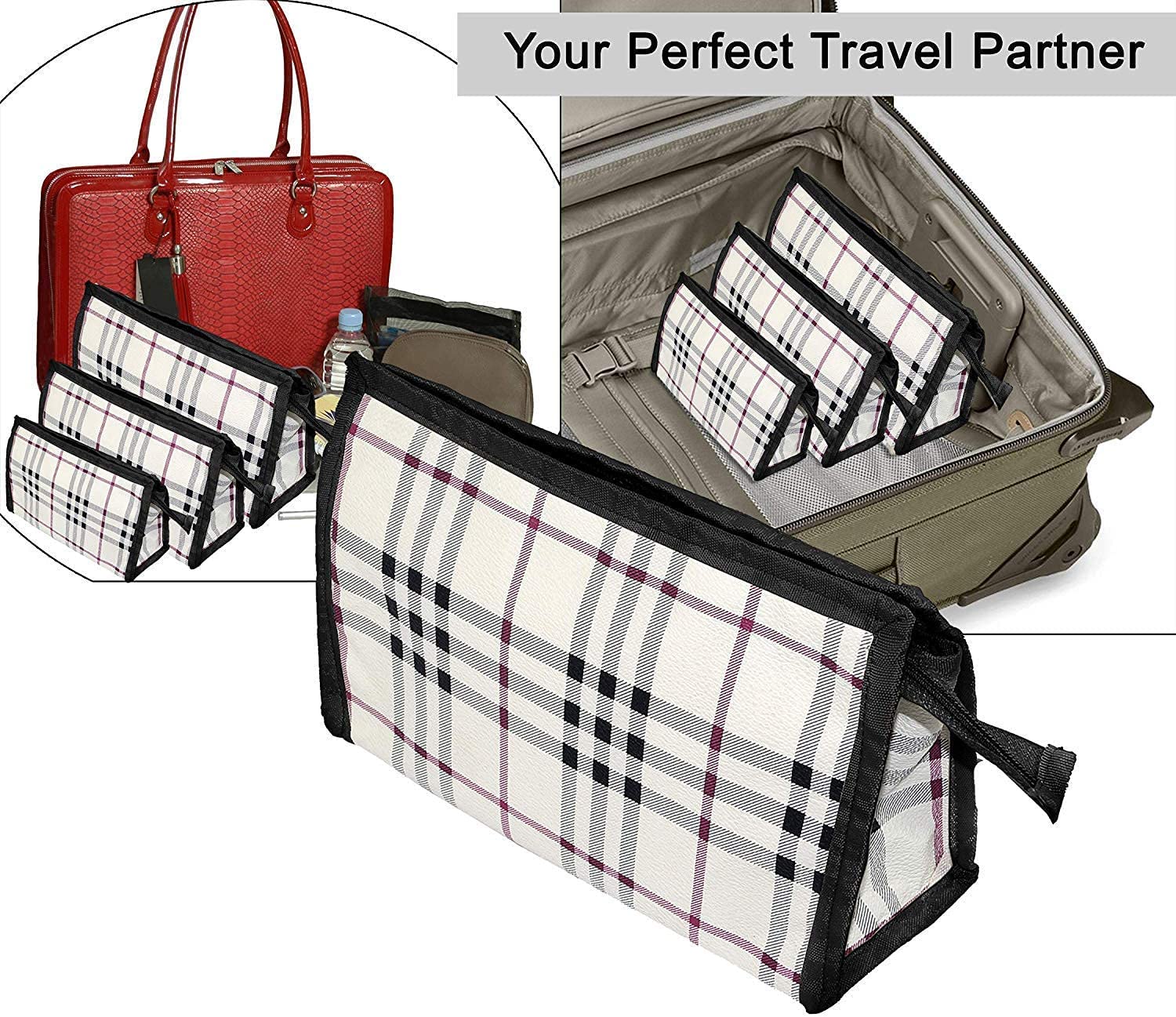 Flywind 3-Piece Cosmetic Bag Set - Waterproof Toiletry Organizer & Makeup Pouch for Women & Men | Travel Essentials for Bathroom, Gym, Camping (Black Checkered Pattern)