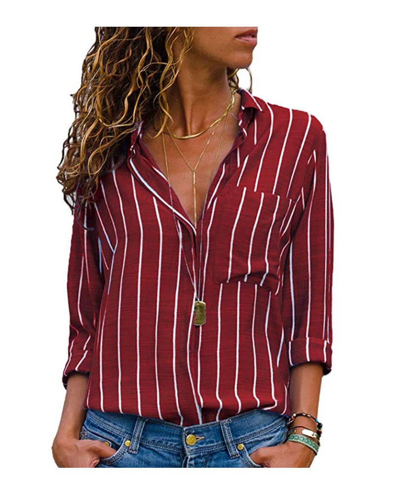 LifeShe Women's Casual V-Neck Striped Long Sleeve Button Down Tunic Blouse - Comfortable Work Tops for Office, Business & Everyday Wear