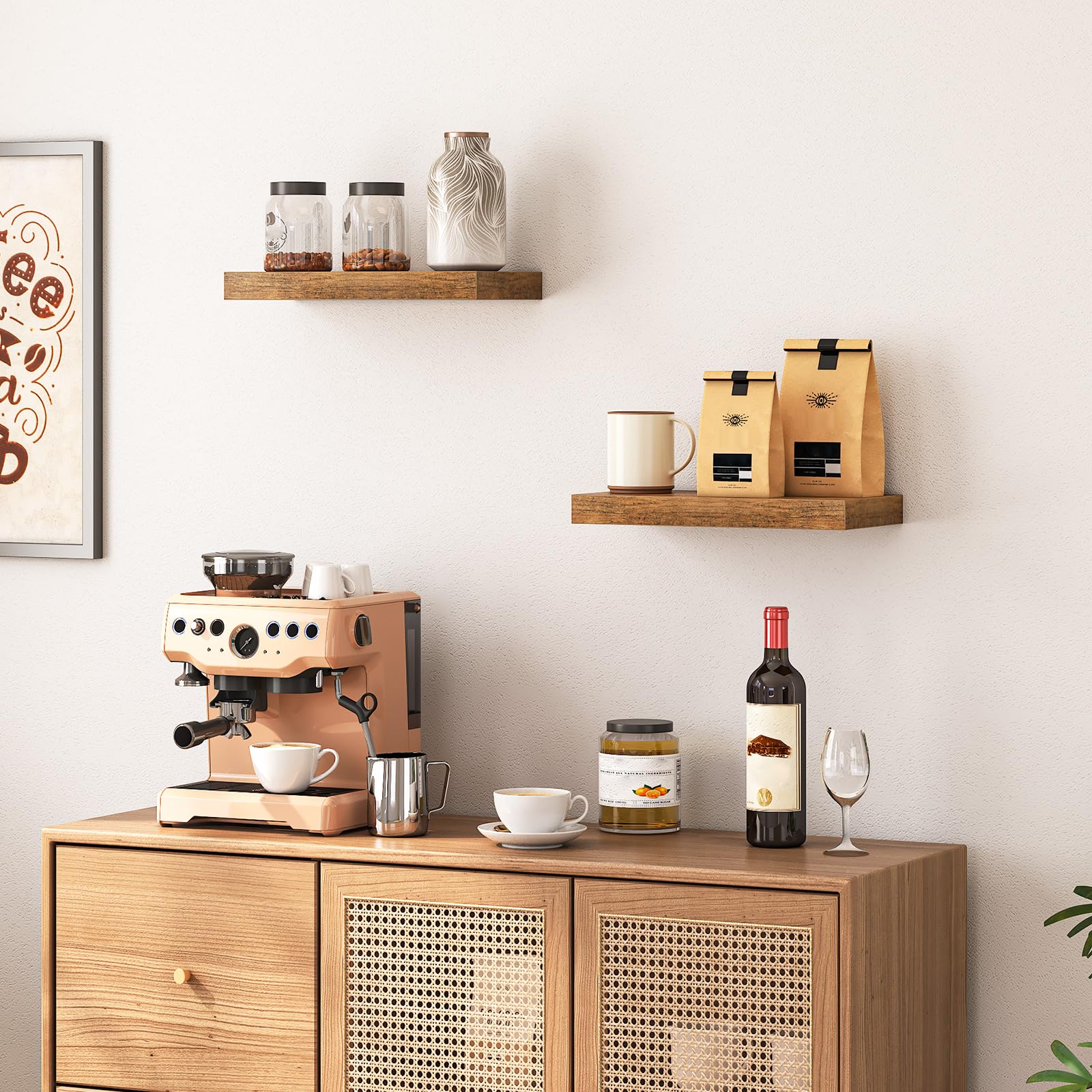 HOOBRO 2-Pack 15.7 Inch Floating Wall Shelves with Invisible Brackets - Rustic Brown Wooden Shelves for Bathroom, Bedroom, Kitchen Decor - Perfect for Home Office Storage & Displaying Photos, Plants, Books (Model BF40BJ01)