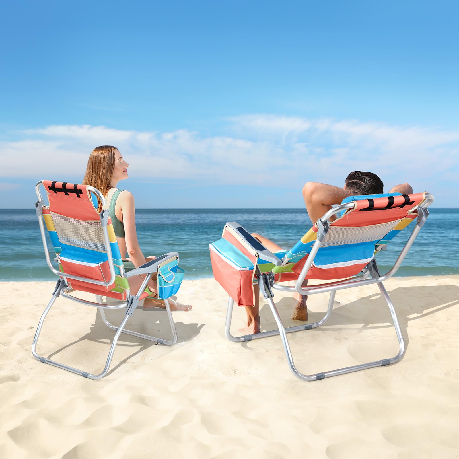 VINGLI 2 Pack Tall Beach Chairs with 5-Position Recline, Built-in Cooler Bag, Cup Holders & Towel Bar - Lightweight Folding Camping Chairs for Adults (Rainbow-16) - Perfect for Beach, Poolside, Backyard & Outdoor Relaxation