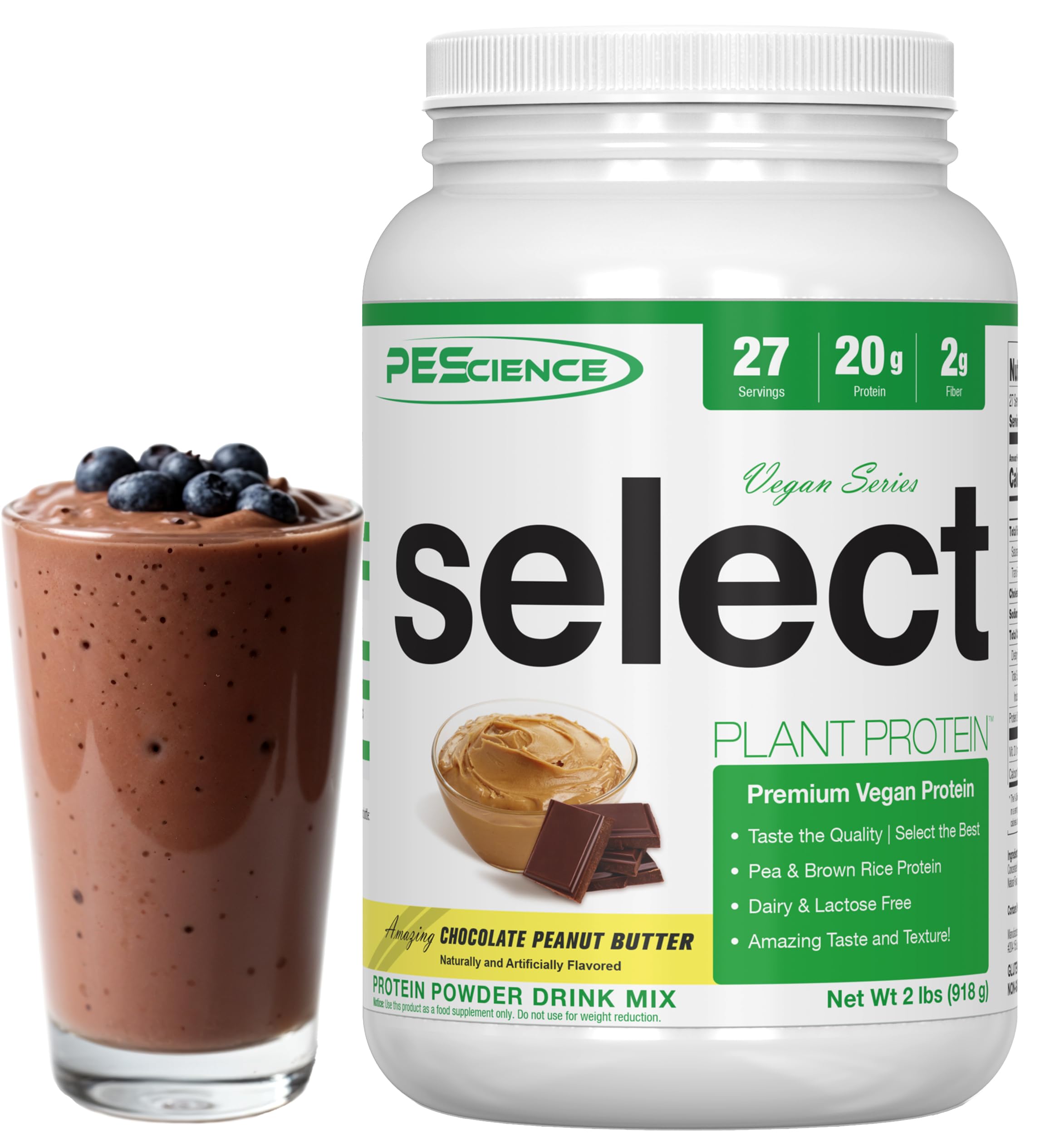 PEScience Select Vegan Plant Based Protein Powder - Chocolate Peanut Butter Flavor, 27 Servings | Premium Pea & Brown Rice Protein Blend for Muscle Recovery & Post-Workout Nutrition | Ideal for Smoothies, Baking & Healthy Meal Replacement
