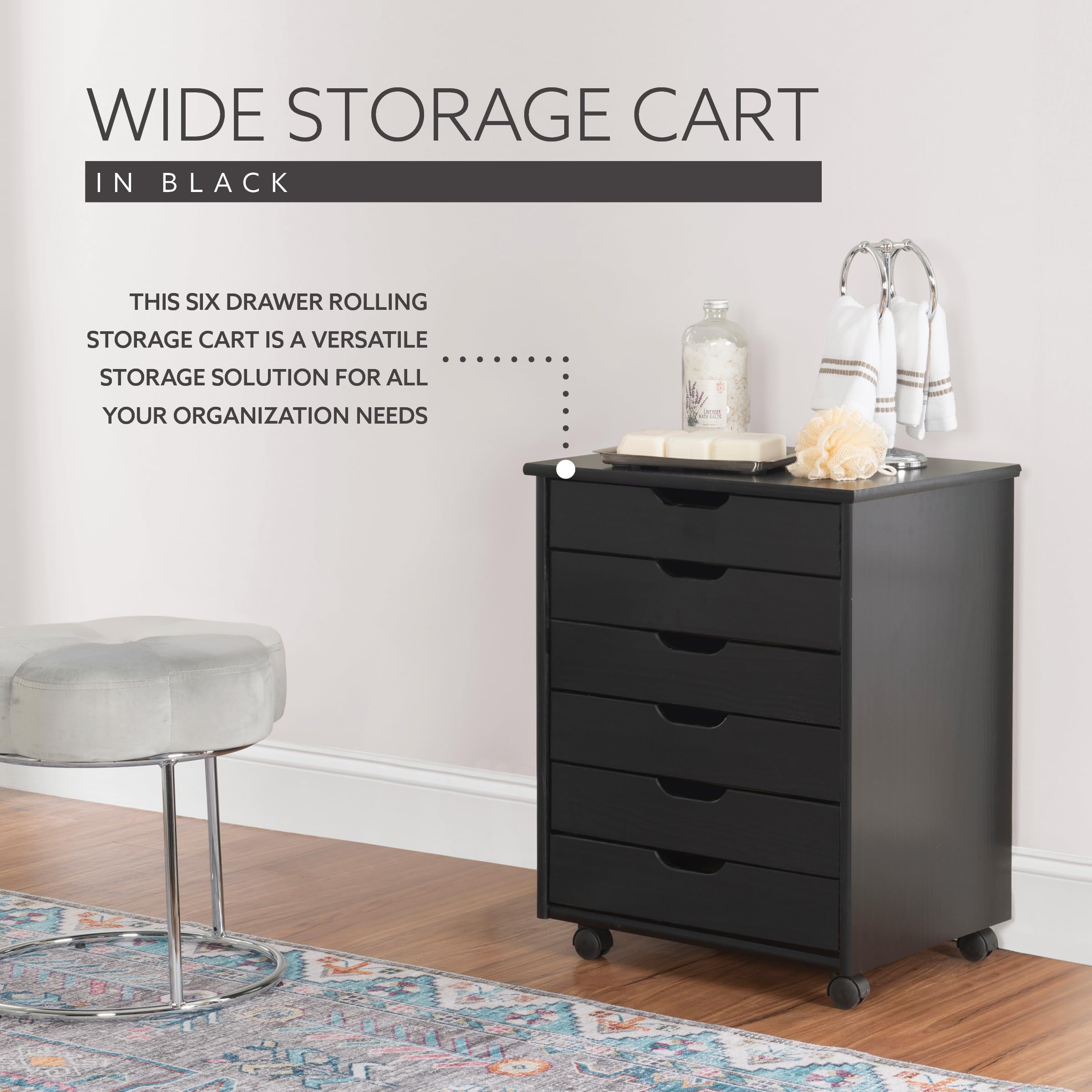 Linon Corinne Black 6-Drawer Wide Rolling Storage Cart - Perfect for Home, Office, and Craft Room Organization