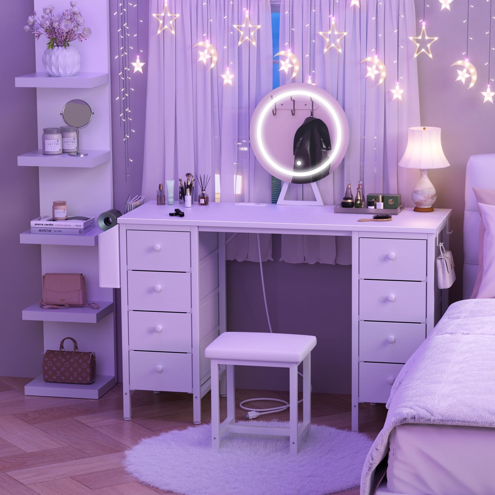 White Vanity Desk with Mirror & LED Lights - Makeup Dressing Table Set with Chair, 8 Fabric Drawers & Power Outlet | Perfect for Girls Bedroom, Home Beauty Salon & Bridal Makeup Station