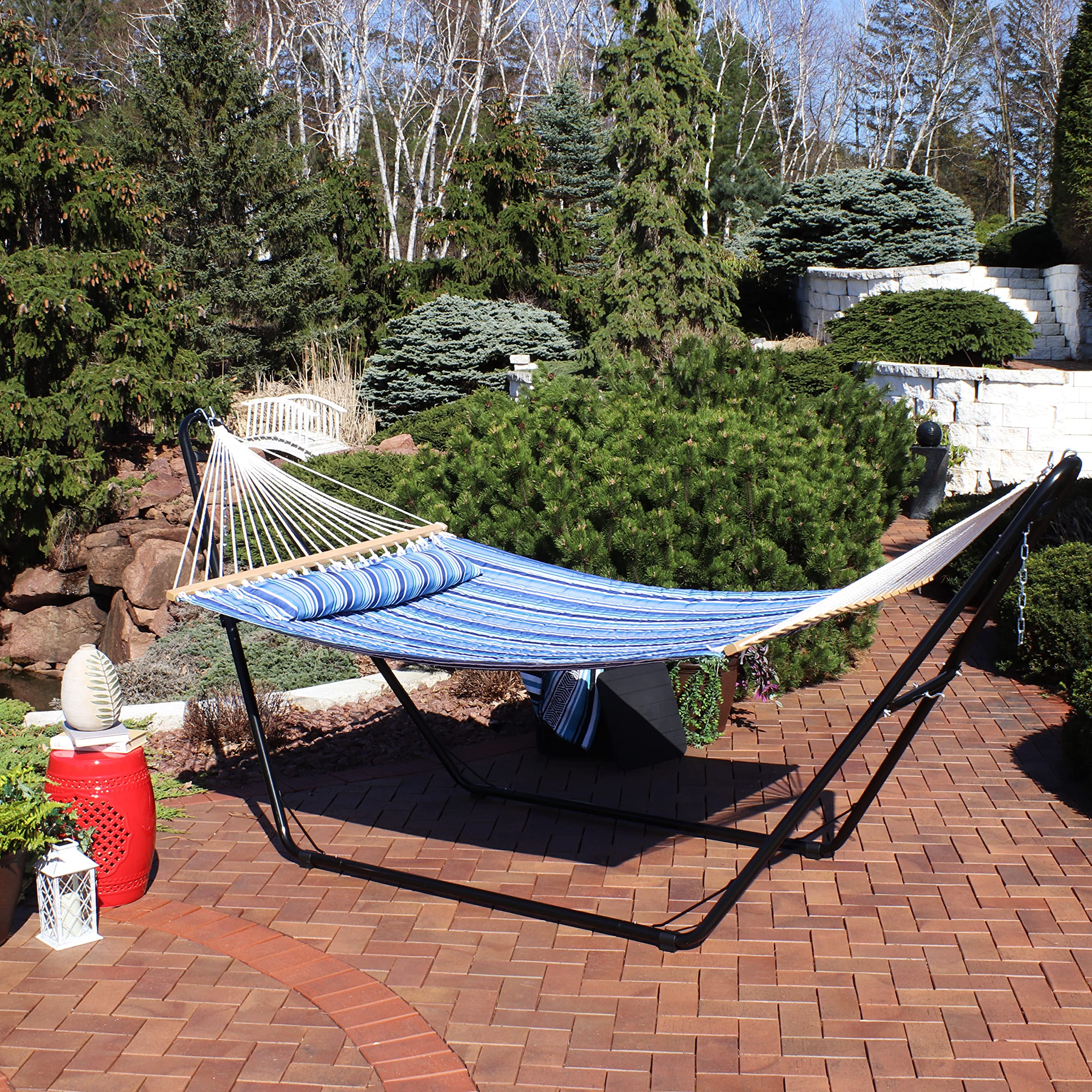 Sunnydaze Double Quilted Fabric Hammock with Universal Steel Stand - 450 lb Weight Capacity - Black - Catalina Beach Pattern - Perfect for Backyard, Patio, Poolside & Beach Relaxation