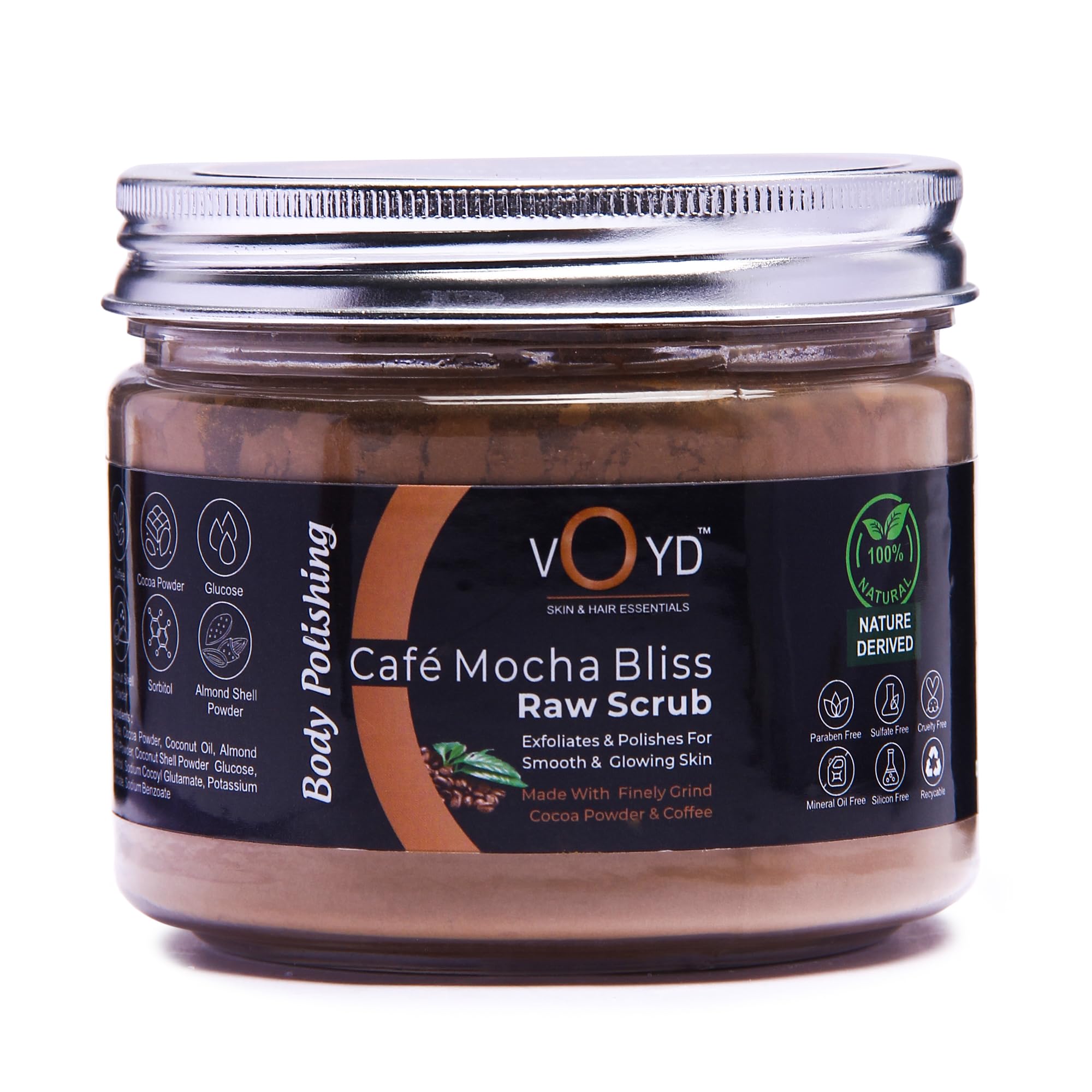 Organic VOYD Raw Coffee & Cocoa Body Scrub - Natural Exfoliator for Smooth, Glowing Skin | Paraben & Silicone Free Tan Removal Scrub for Men & Women | Includes Wooden Scoop (150g) | Perfect for Spa Day, Post-Workout Refresh & At-Home Skincare Routine