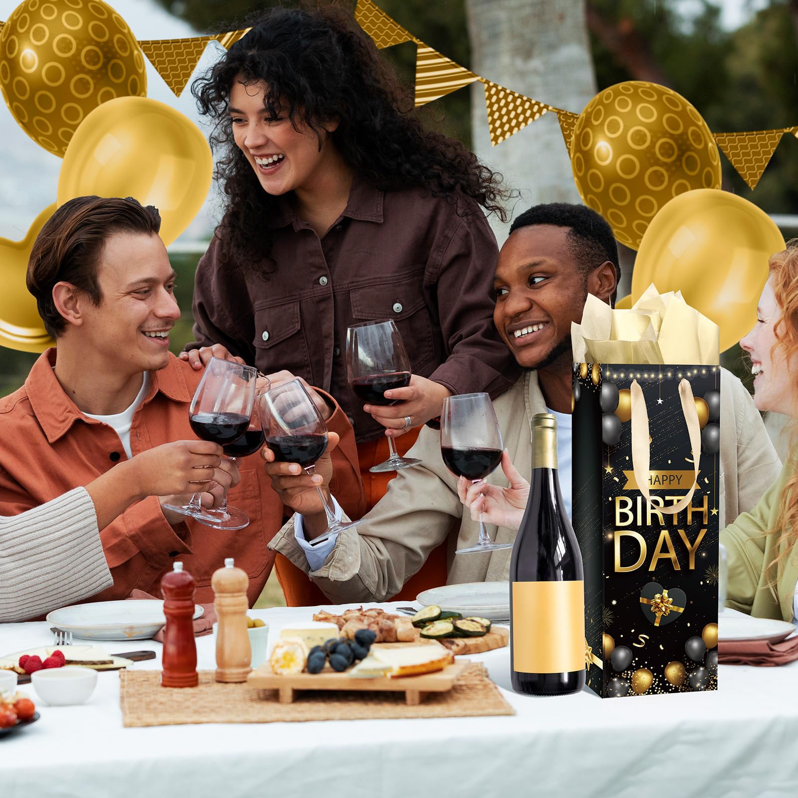Elegant Gold & Black Wine Gift Bag with Tissue Paper & Handle - Perfect Birthday, Anniversary Party Favors & Decorations for Women & Men - Ideal for Wine Bottles, Liquor Gifts & Party Supplies