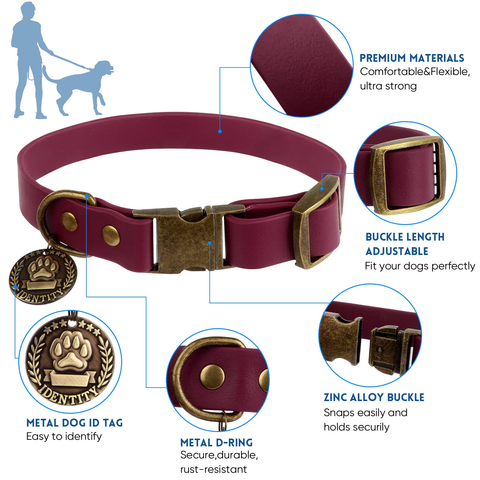 Wisedog Adjustable Durable Dog Collar and Leash Set for Small Medium Large Dogs - Includes Bonus Poop Bag Holder (M, Burgundy) | Perfect for Daily Walks, Training & Outdoor Adventures