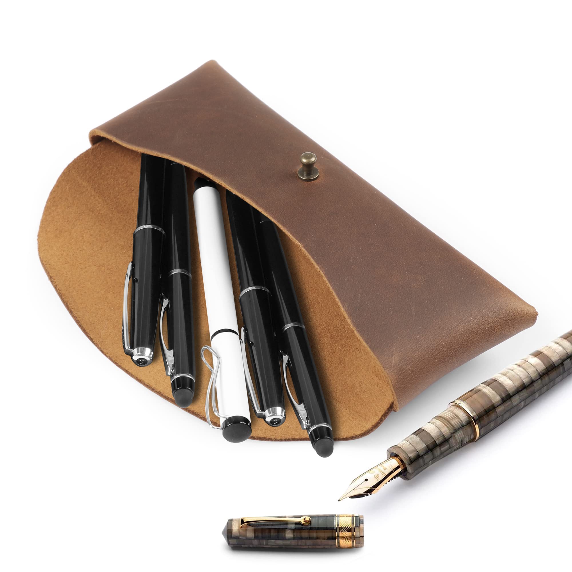 Genuine Leather Retro Pen and Pencil Case with Metal Snap Fastener - Vintage Stationery Pouch for School, Office & Travel - Premium Leather Pencil Holder for Students, Writers & Professionals