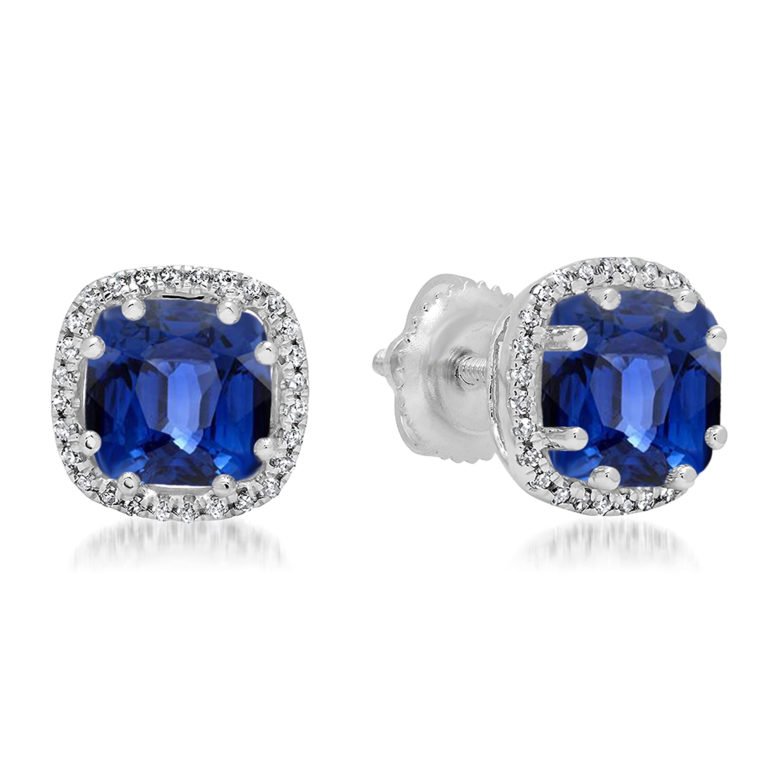Dazzlingrock 6mm Cushion Lab-Created Gemstone & Round Diamond Halo Stud Earrings for Women in 14K Solid White Gold | Elegant Jewelry Gift for Anniversary, Birthday & Special Occasions