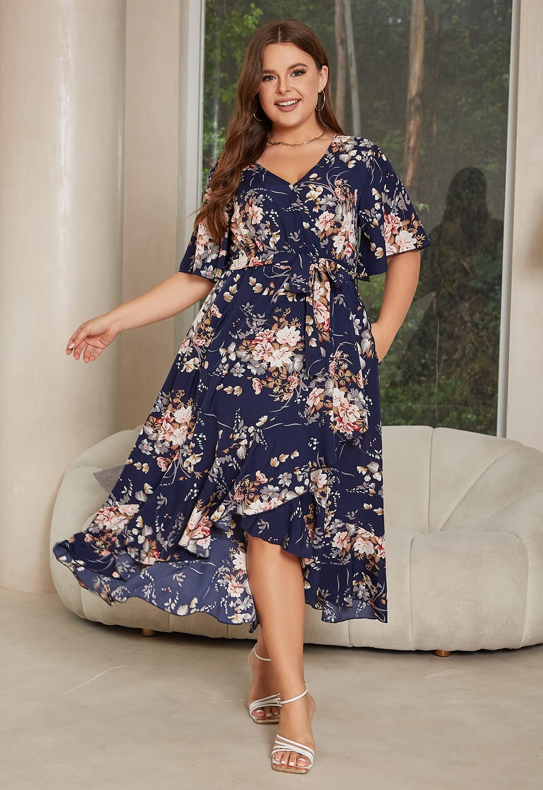Keluummi Plus Size Wedding Guest Maxi Dress for Curvy Women - Summer Casual Boho Floral Long Wrap Dress with Sleeves & Pockets | Perfect for Beach Weddings, Garden Parties & Date Nights