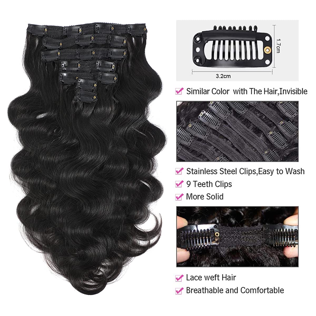 7pcs Body Wave Clip In Human Hair Extensions - 100% Real Human Hair, Double Strong Weft, #1B Natural Color, 16 Clips, 16 Inch, 125g - Soft & Easy to Wear for Daily Styling, Parties & Special Occasions