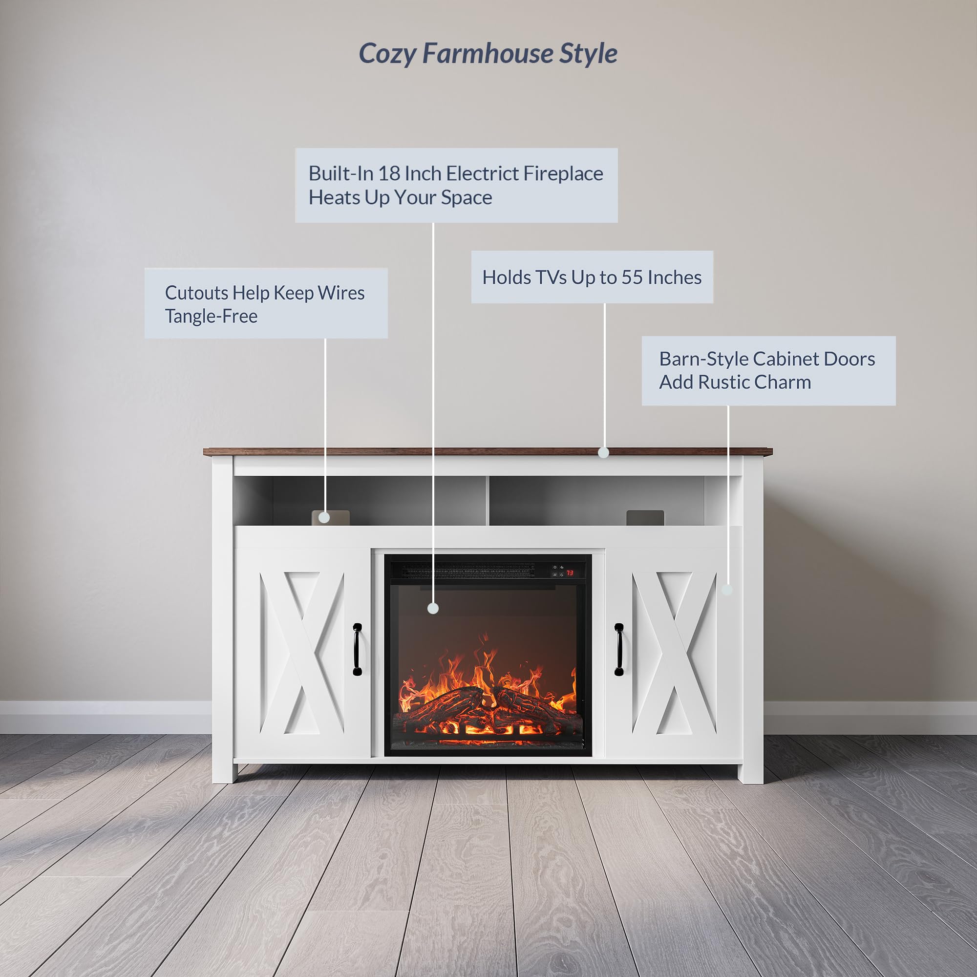 BELLEZE 48 Inch Modern Barn Door TV Stand with Electric Fireplace Heater - Media Entertainment Center Console Table for TVs up to 50 Inches, 2 Open Shelves & Storage Cabinets - Corin White Finish | Living Room, Bedroom Home Theater Setup