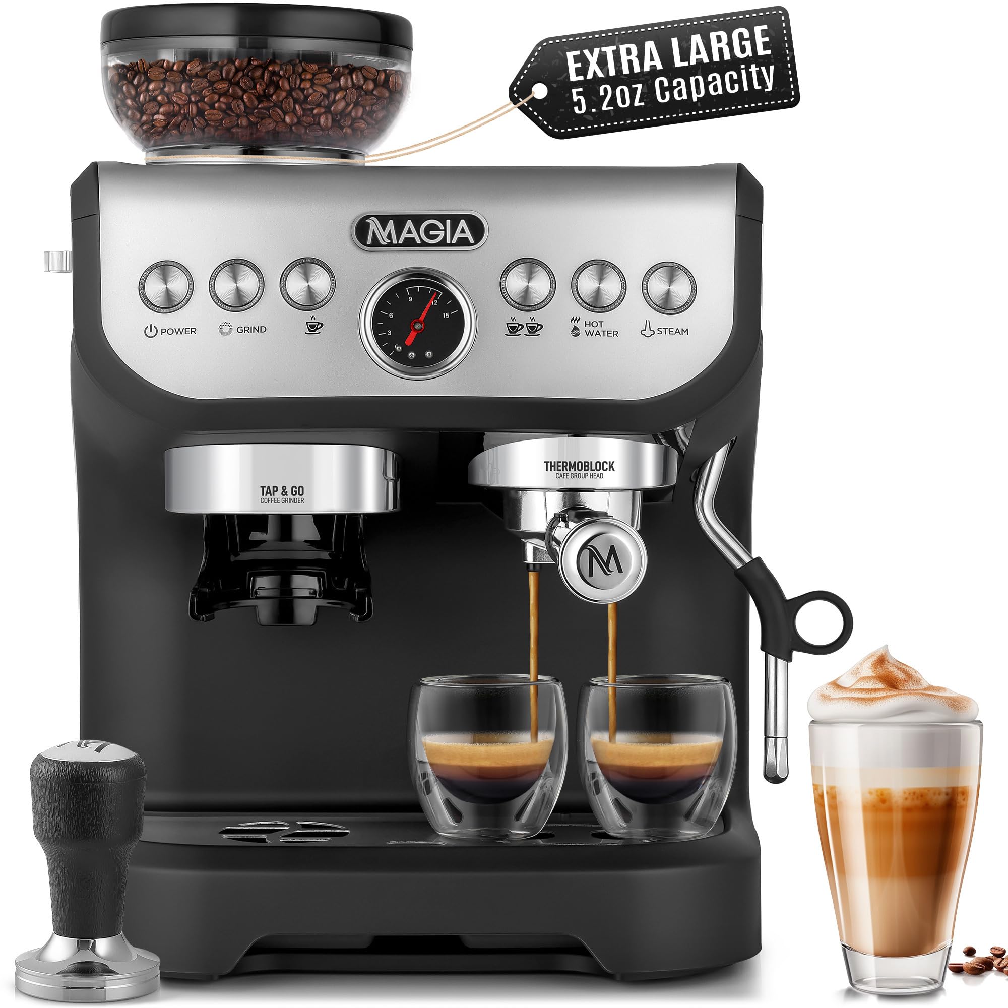 Zulay Kitchen Magia Manual Espresso Machine with Built-in Grinder & Milk Frother - 15 Bar Pressure Pump for Perfect Espresso, Cappuccino & Latte - 2L Large Removable Water Tank - Ideal for Home Baristas & Coffee Lovers